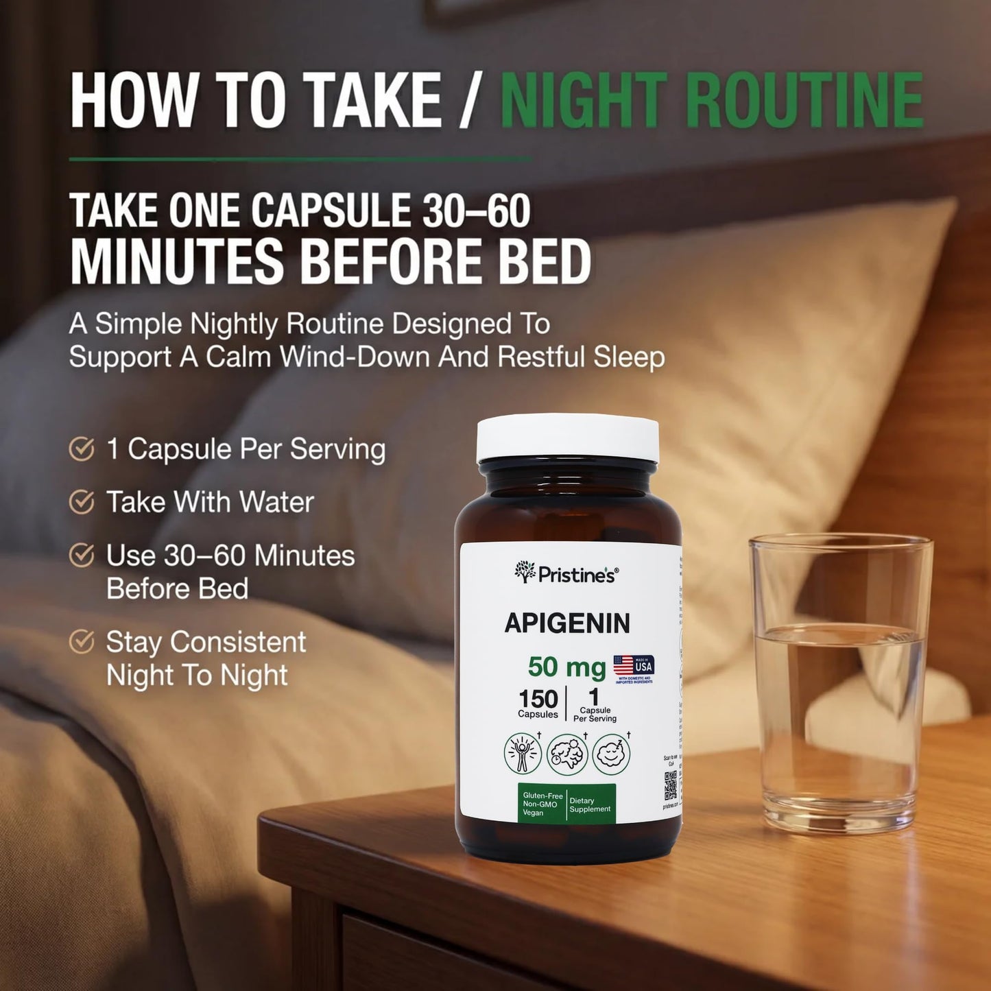 PRISTINE'S Apigenin Supplement for Sleep 50mg Capsule, 150 Count