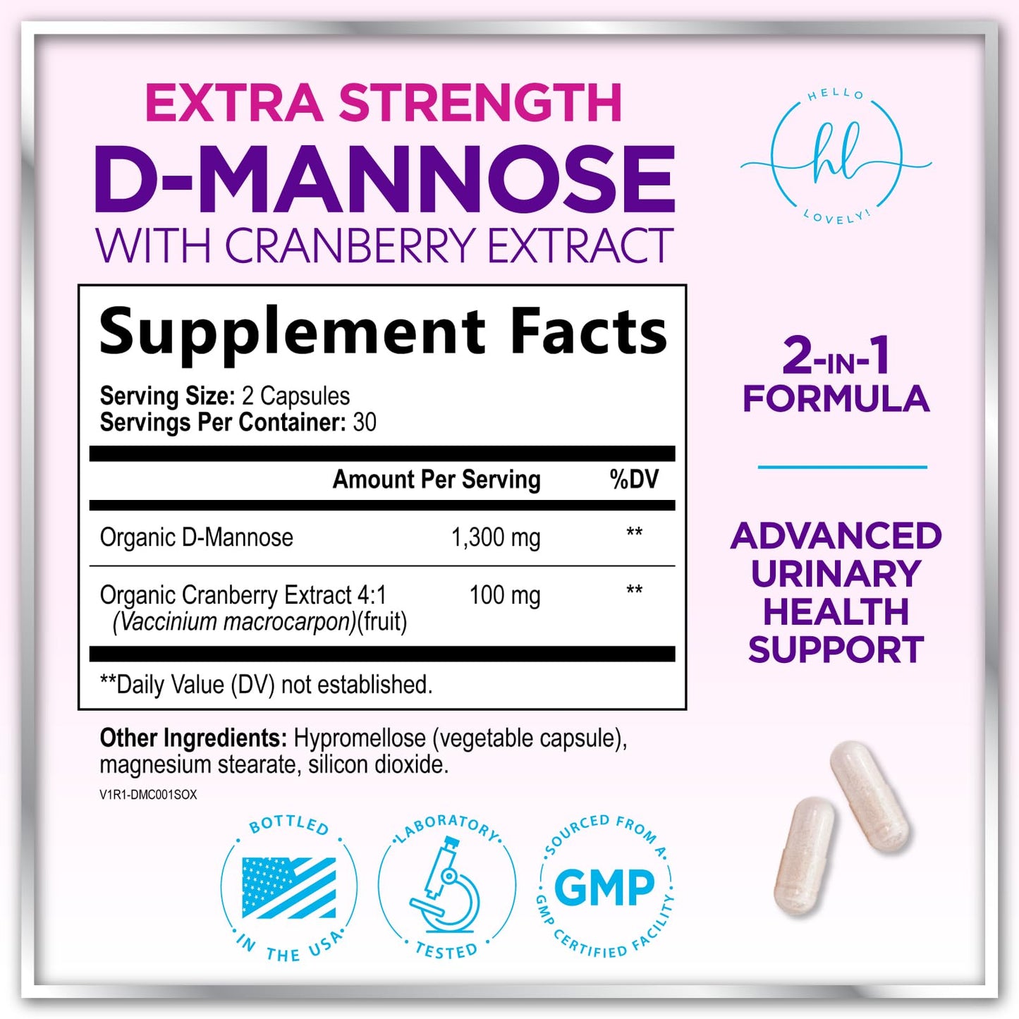 Hello Lovely! D-Mannose 1300mg with Cranberry Capsules, 60 Capsules