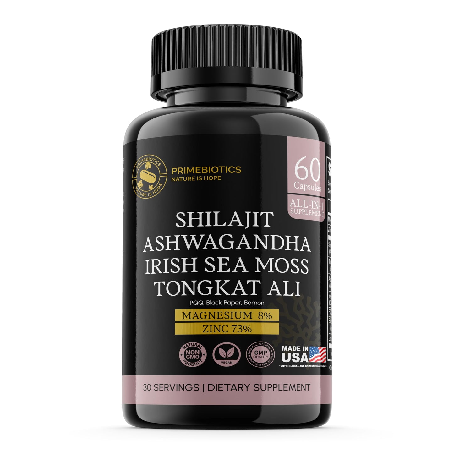 PrimeBiotics Men's Vitality & Performance Support - Natural Formula Premium Shilajit, Tongkat Ali, Zinc, Magnesium & Boron - Natural Male Support for Energy, Vitality & Muscle Growth, 60 Capsules