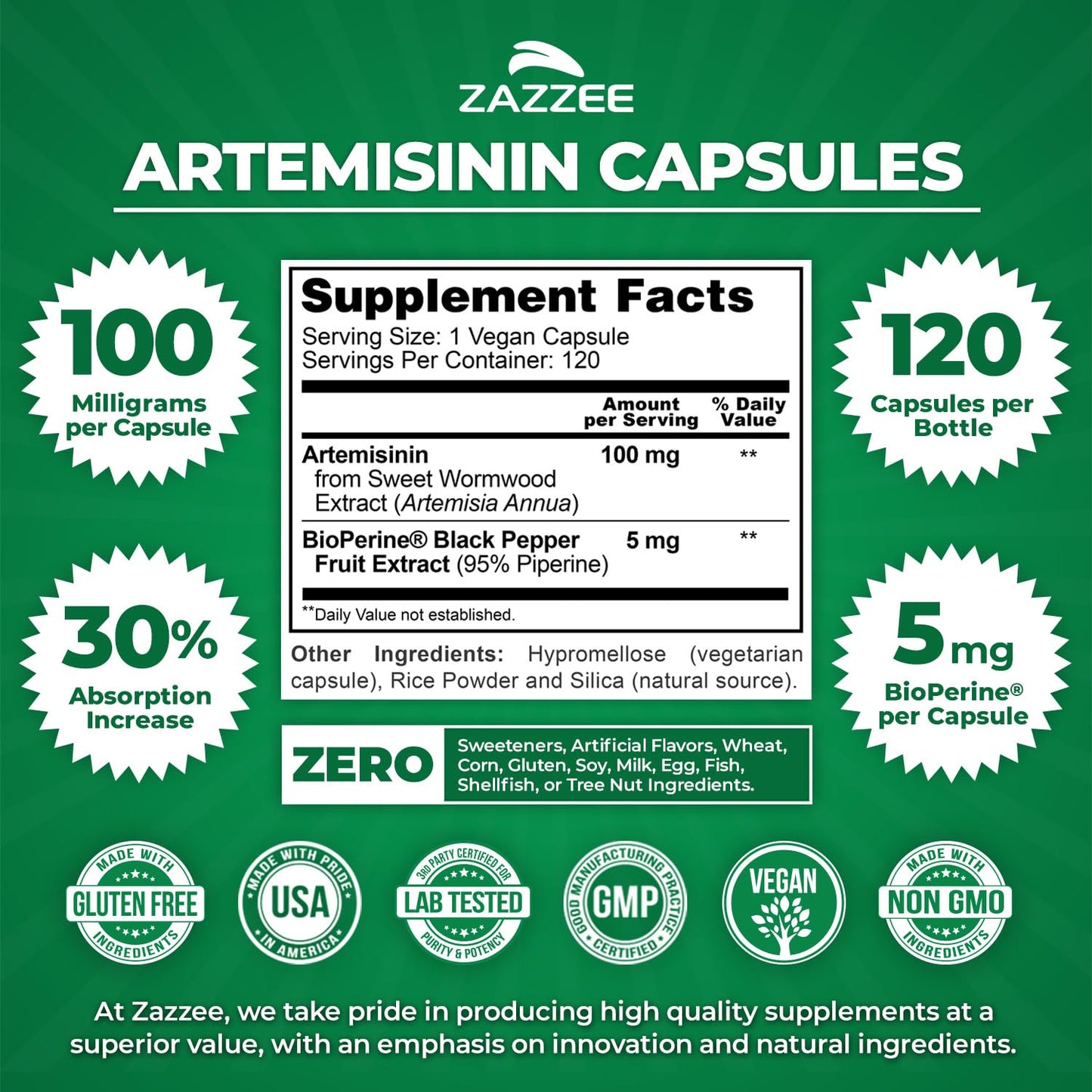 Zazzee High Absorption Artemisinin 100 mg per Capsule, 120 Capsules