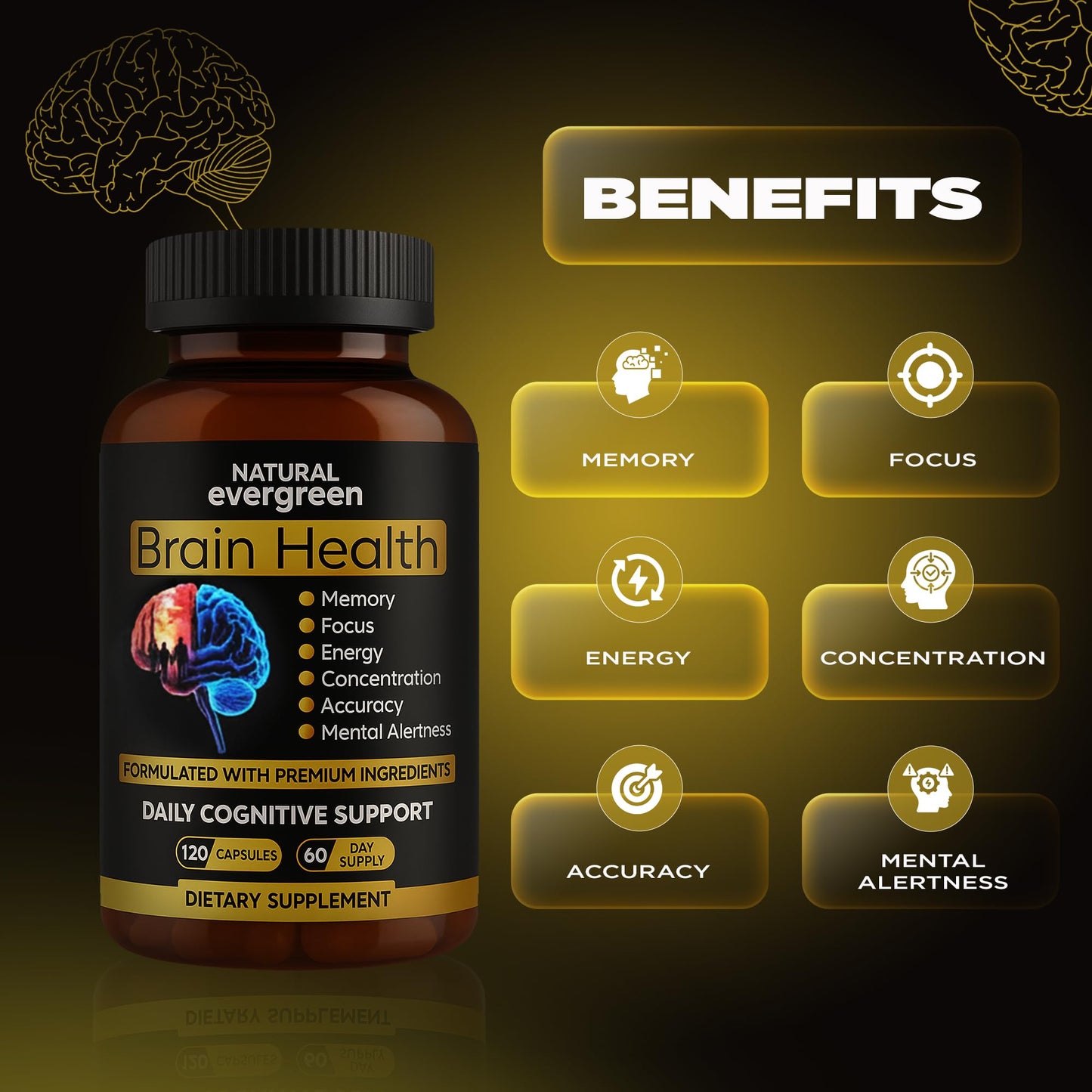 Natural Evergreen Brain Supplements for Memory and Focus Nootropic Capsule, 120 Count