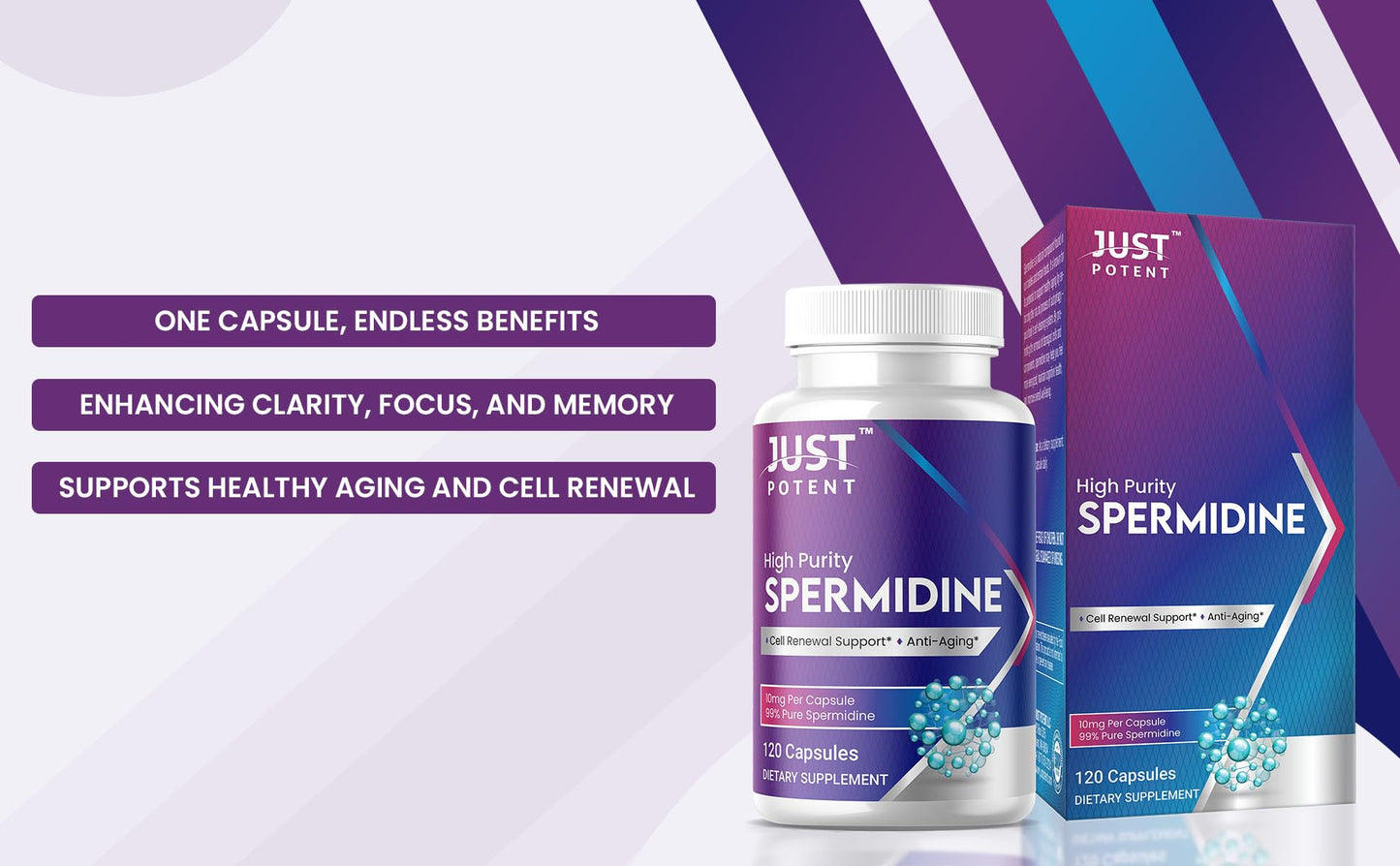 Just Potent High Purity (99%) Spermidine Supplement, 10mg per Capsule, 120 Capsules