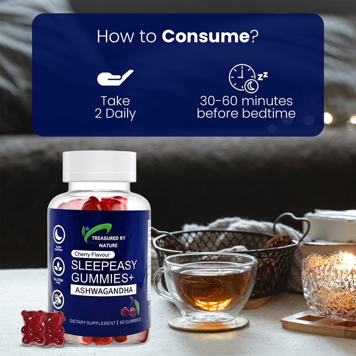 Treasured by Nature Sleep Easy Gummies Melatonin-Free Nighttime Relaxation Aid with Ashwagandha, Magnesium Citrate & L-Theanine, 60 Count