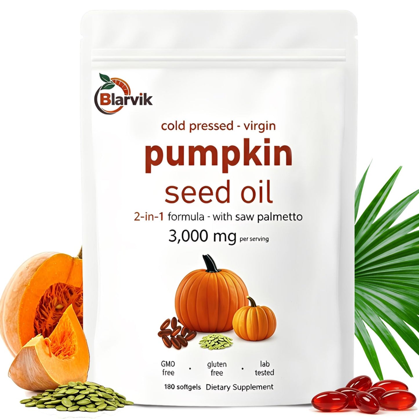 Blarvik Pumpkin Seed Oil with Saw Palmetto Capsules, 180 Count