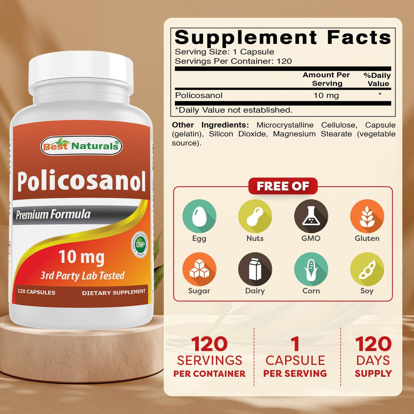 Best Naturals Policosanol 10 mg Softgels, 120 Count