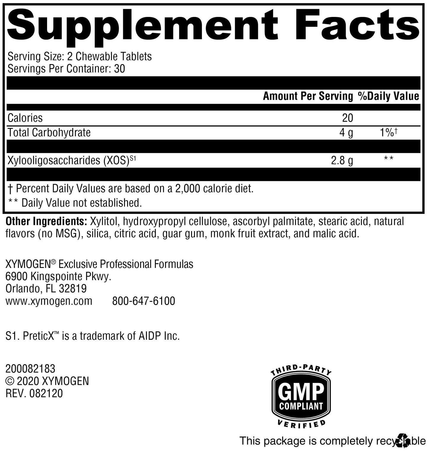 XYMOGEN PrebioMax Xylooligosaccharide Prebiotic Fiber Digestive & Microbiome Support Natural Sour Apple, 60 Tablets