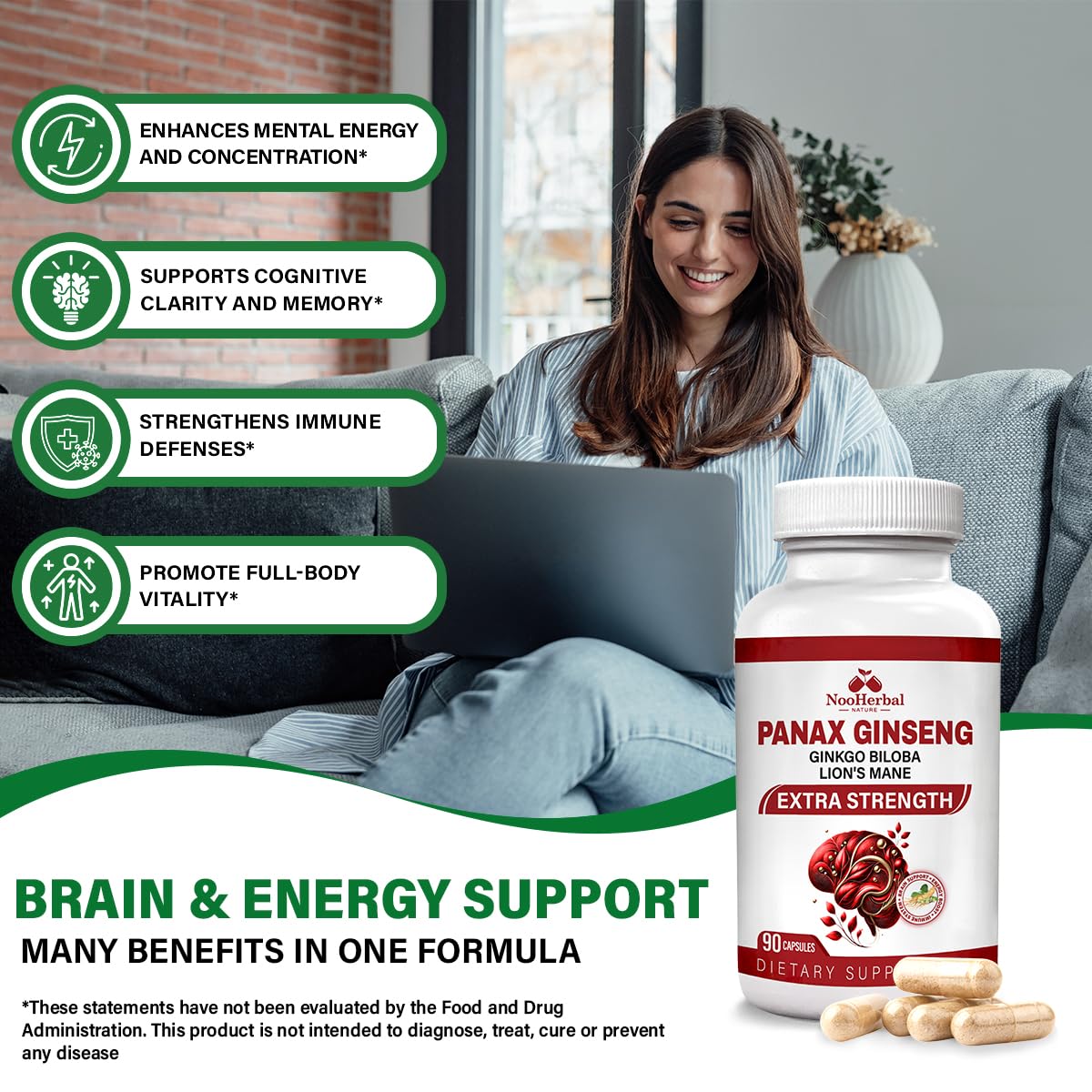 NooHerbal Nature Panax Ginseng (10% Ginsenosides), Ginkgo Biloba & Lions Mane - 750mg Nootropic Brain Support, 90 Capsules