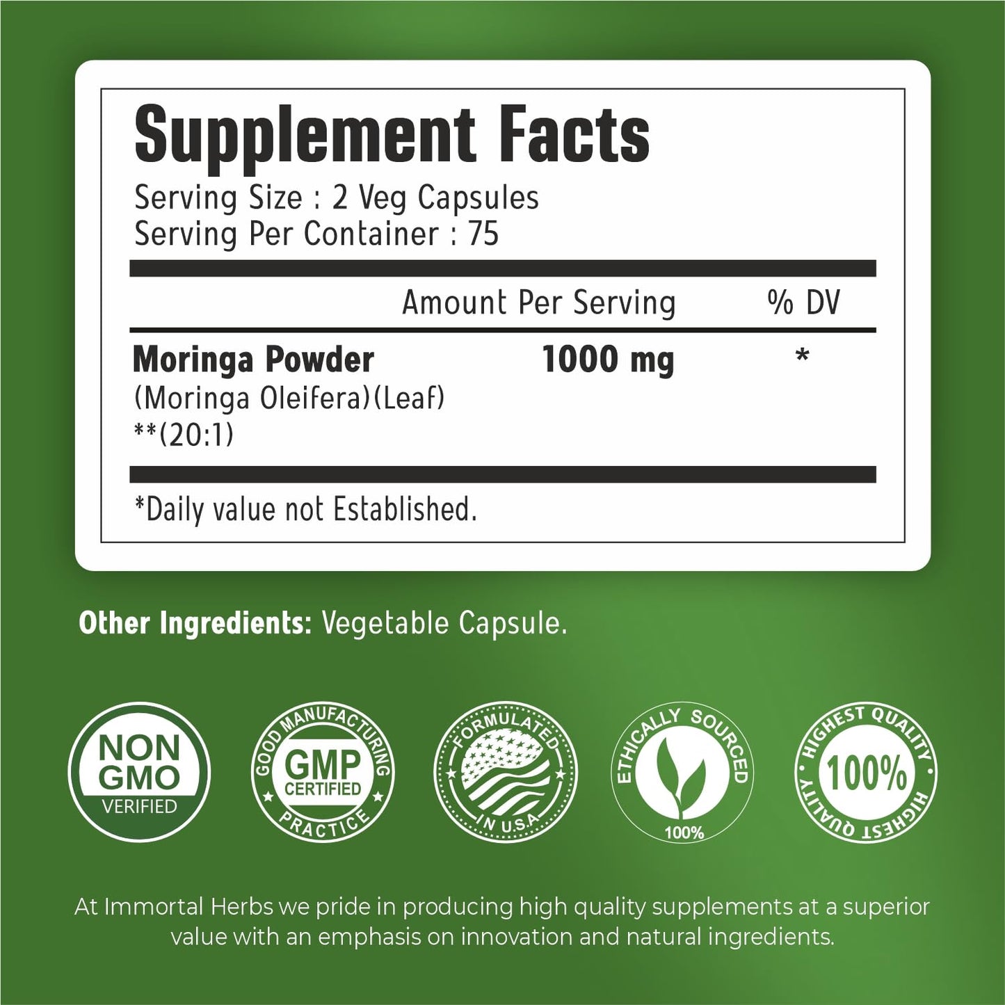 Immortal Herbs Moringa Capsules 150 Count