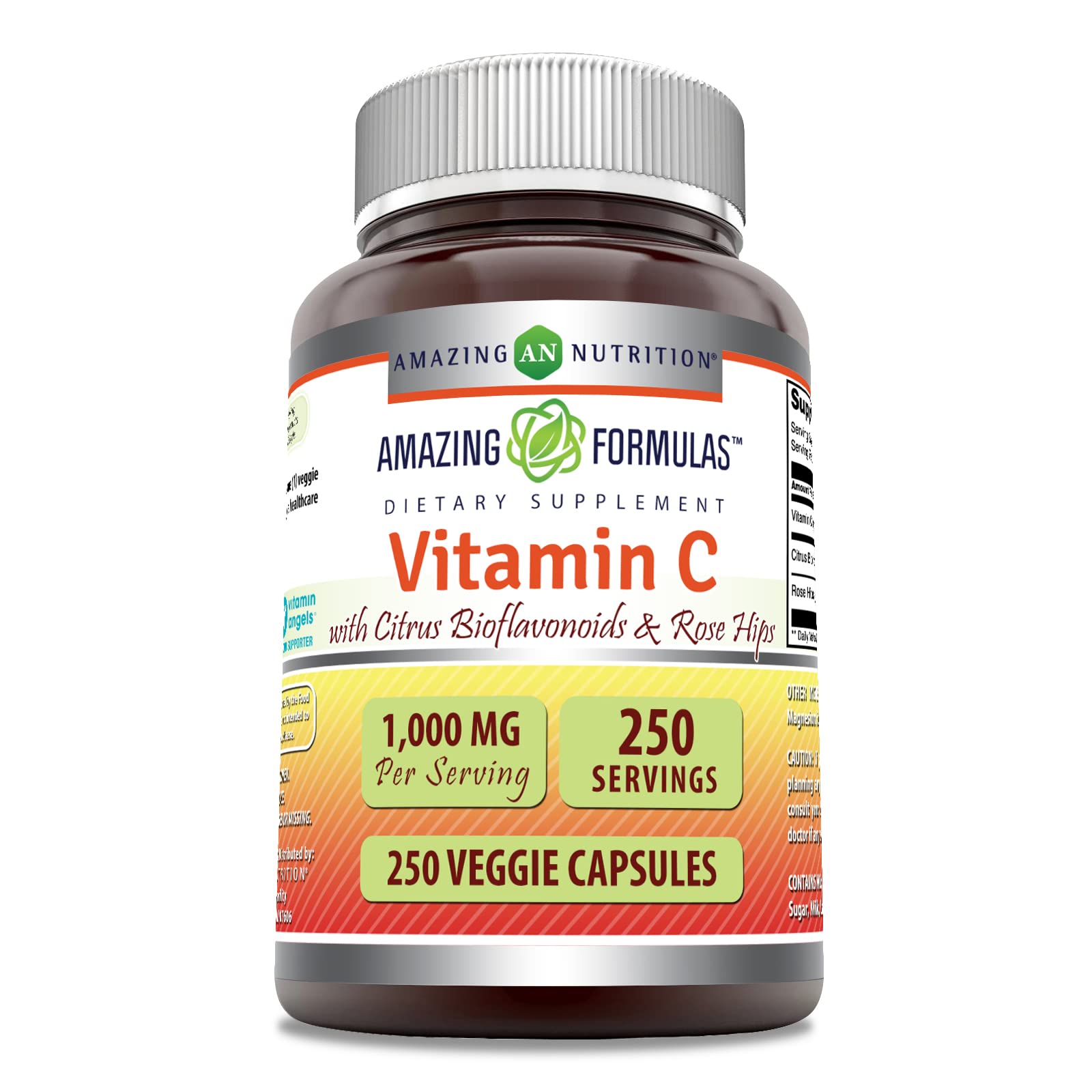Amazing Nutrition Vitamin C with Rose Hips & Citrus Bioflavonoids, 1000 mg per Serving, 250 Veggie Capsules