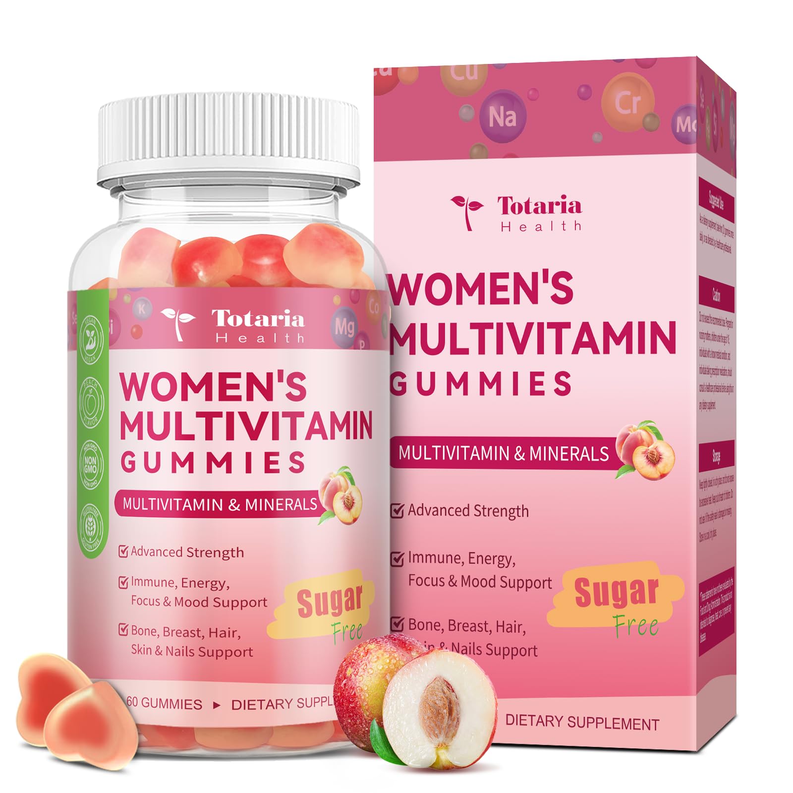 Totaria Sugar Free Multivitamin Gummies for Women 14+ with Iron, Inositol, Folate, Biotin, Vitamins A, C, B, D3, K2, Peach Flavor - 60 Gummies