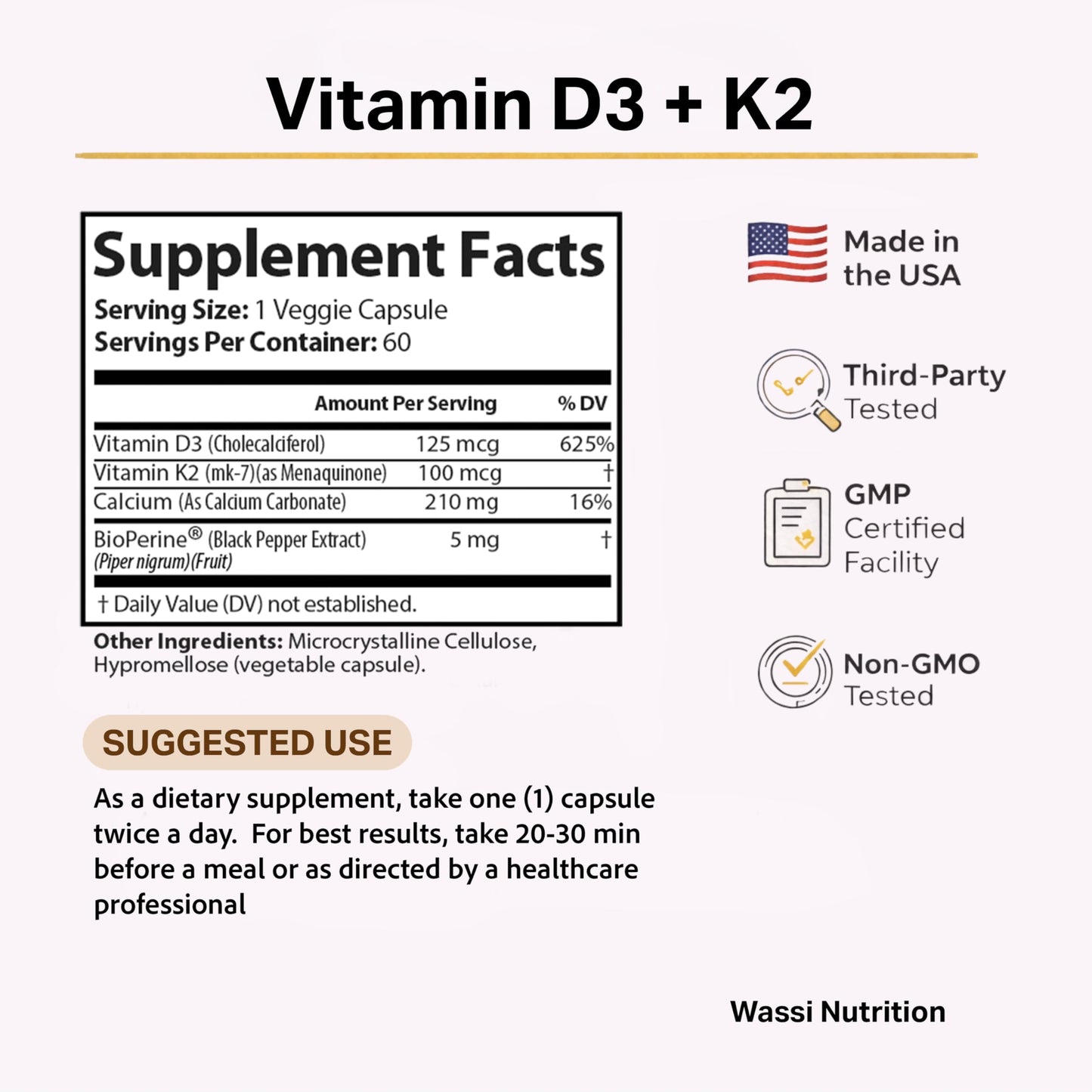 Wassi Nutrition Vitamin D3 K2 Supplement 5000 IU, 60 Capsules