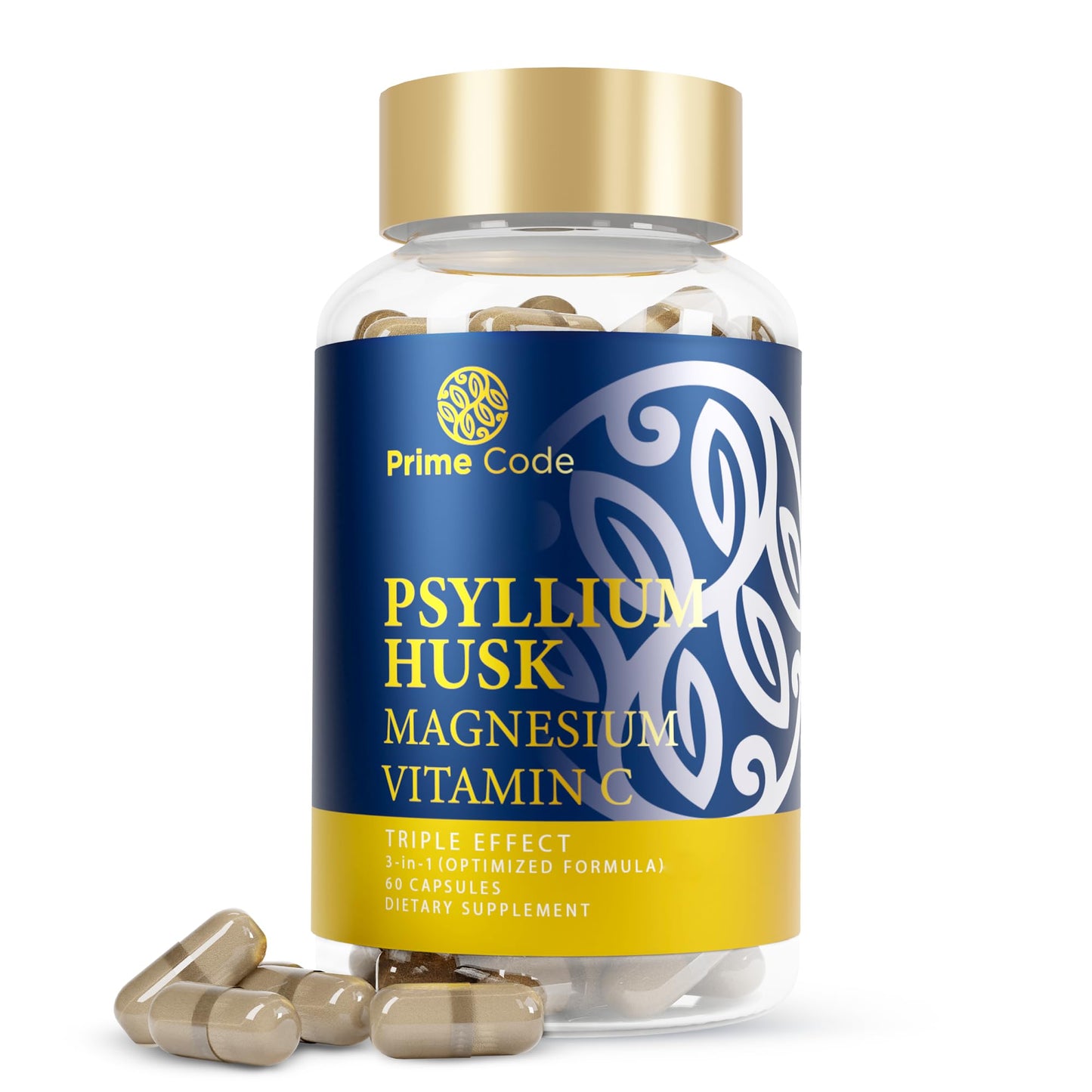 Prime Code Psyllium Husk Capsules with Magnesium Citrate and Vitamin C, 60 Count