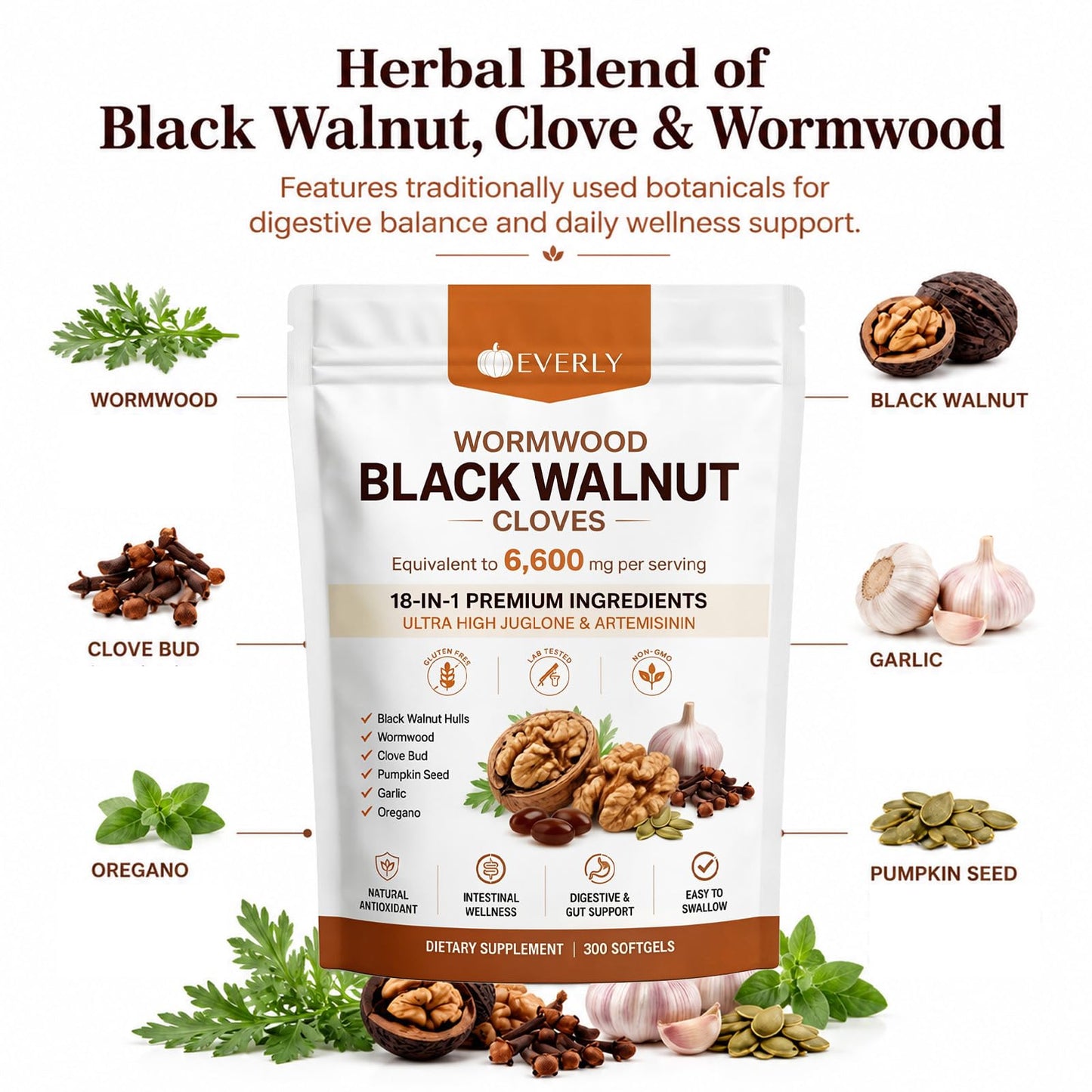 Everly Wormwood Black Walnut Cloves 18-in-1 Premium Ingredients Digestive Health & Gut Wellness Capsule, 300 Count
