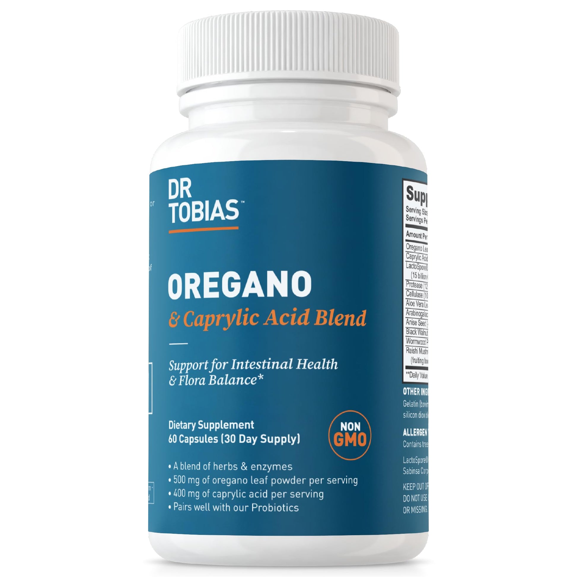 Dr. Tobias Oregano and Caprylic Acid Blend Gut Flora Balance Complex with Probiotics & Enzymes for Intestinal and Immune Support, 60 Capsules