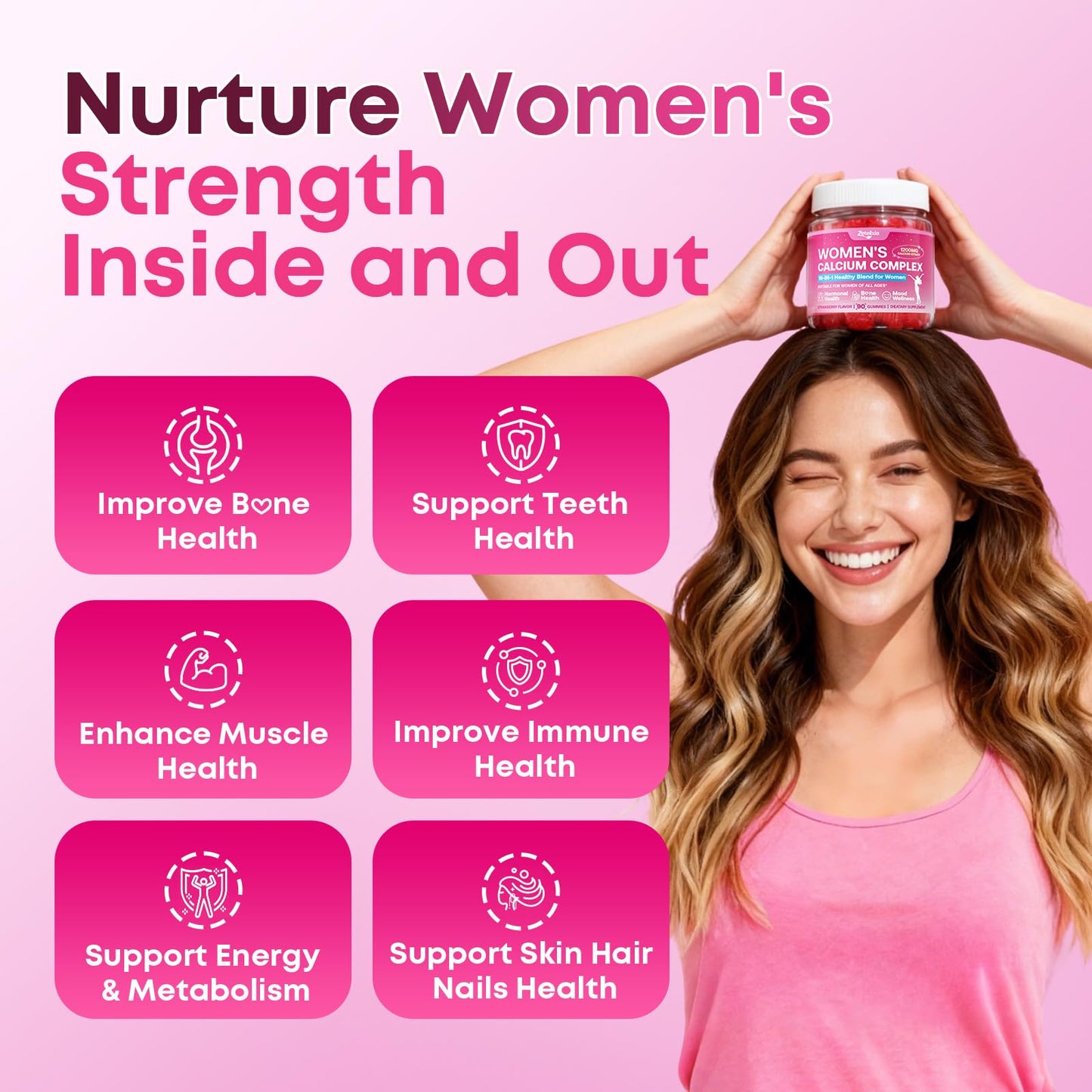 Zetelixia Calcium Gummies for Women with Calcium Citrate 1200mg, Vitamin D3 & K2, Collagen & Biotin, Sugar Free, Non-GMO, Gluten-Free, Strawberry Flavor, 90 Count
