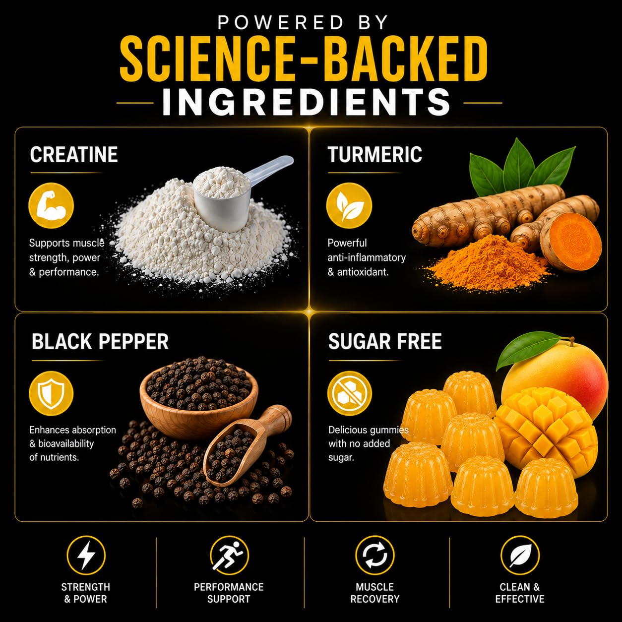 aura HK Sugar Free Creatine Monohydrate Gummies 5000mg Per Serving, Mango Flavor, with Turmeric Root & Black Pepper, Vegan Creatine Gummies for Men & Women, 120 Gummies