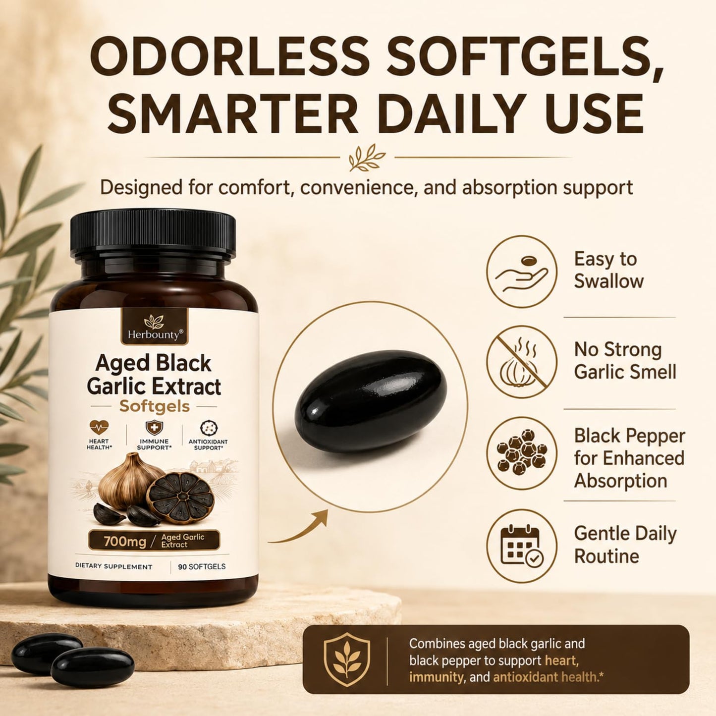 Herbounty Odorless Fermented Aged Black Garlic Extract 700mg Capsule 90 Count