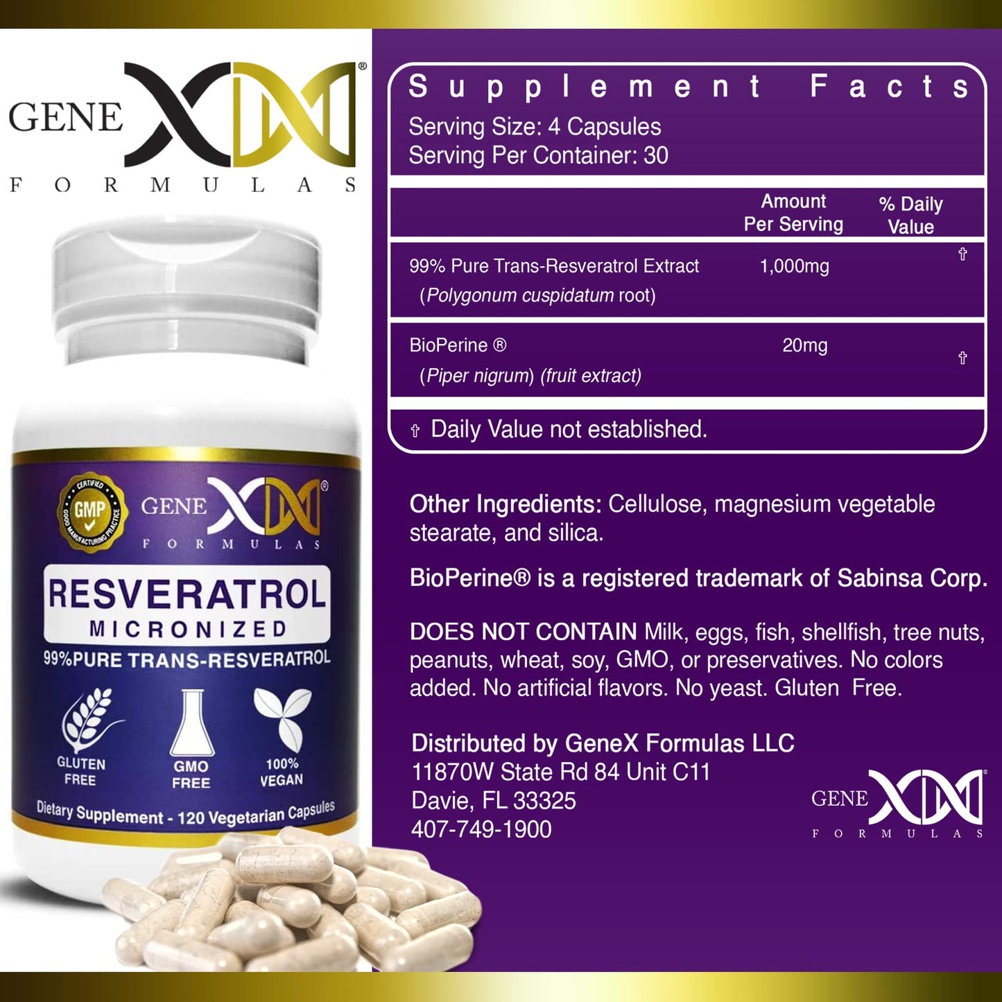 Genex Formulas Trans-Resveratrol 1000mg Capsules, 120 Count