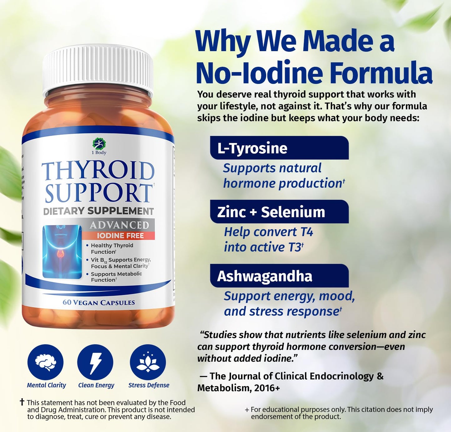 1 Body Thyroid Support for Women, Iodine Free Formula Capsules 60