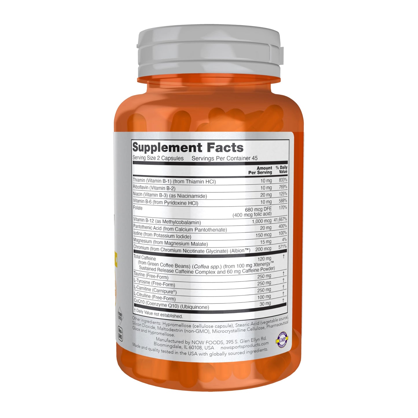 NOW Foods Sports Sustained Energy, Caffeine with B Vitamins, 90 Veg Capsules