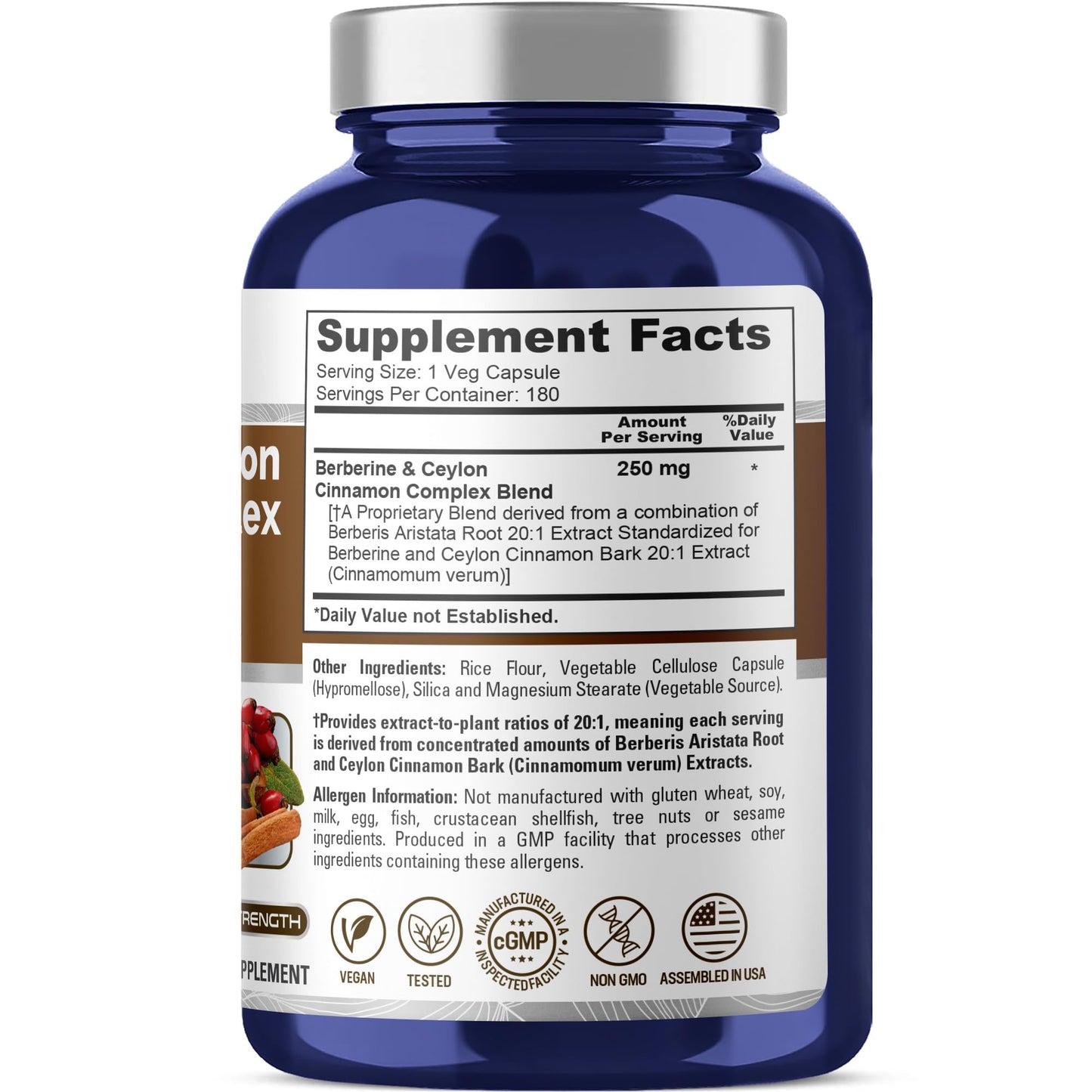 NusaPure Berberine with Ceylon Cinnamon Capsules, 250 mg, 180 Capsules