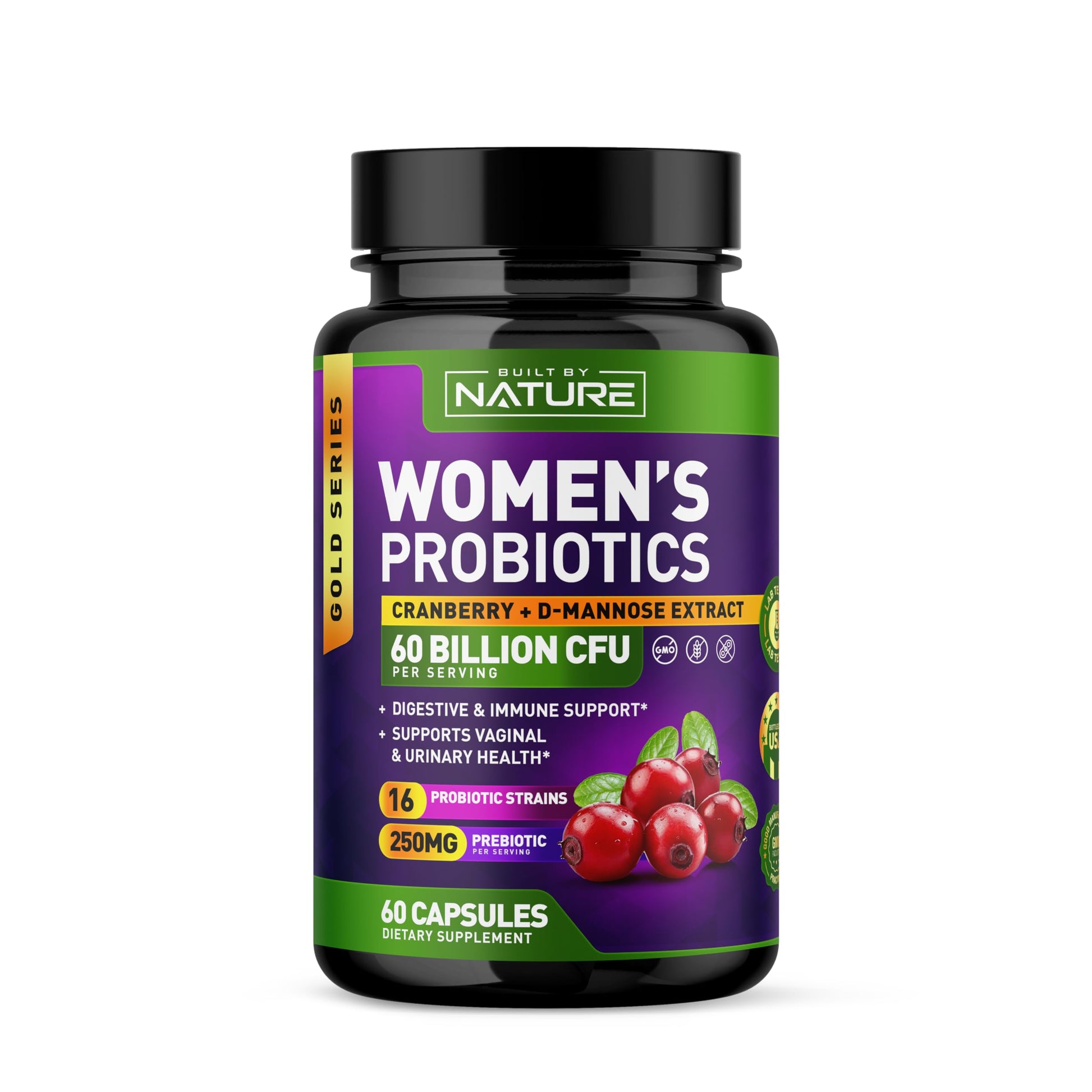 Built by Nature Probiotics for Women 60 Billion CFUs, 16 Strains, with Cranberry, D-Mannose & Prebiotics, 60 Veggie Capsules