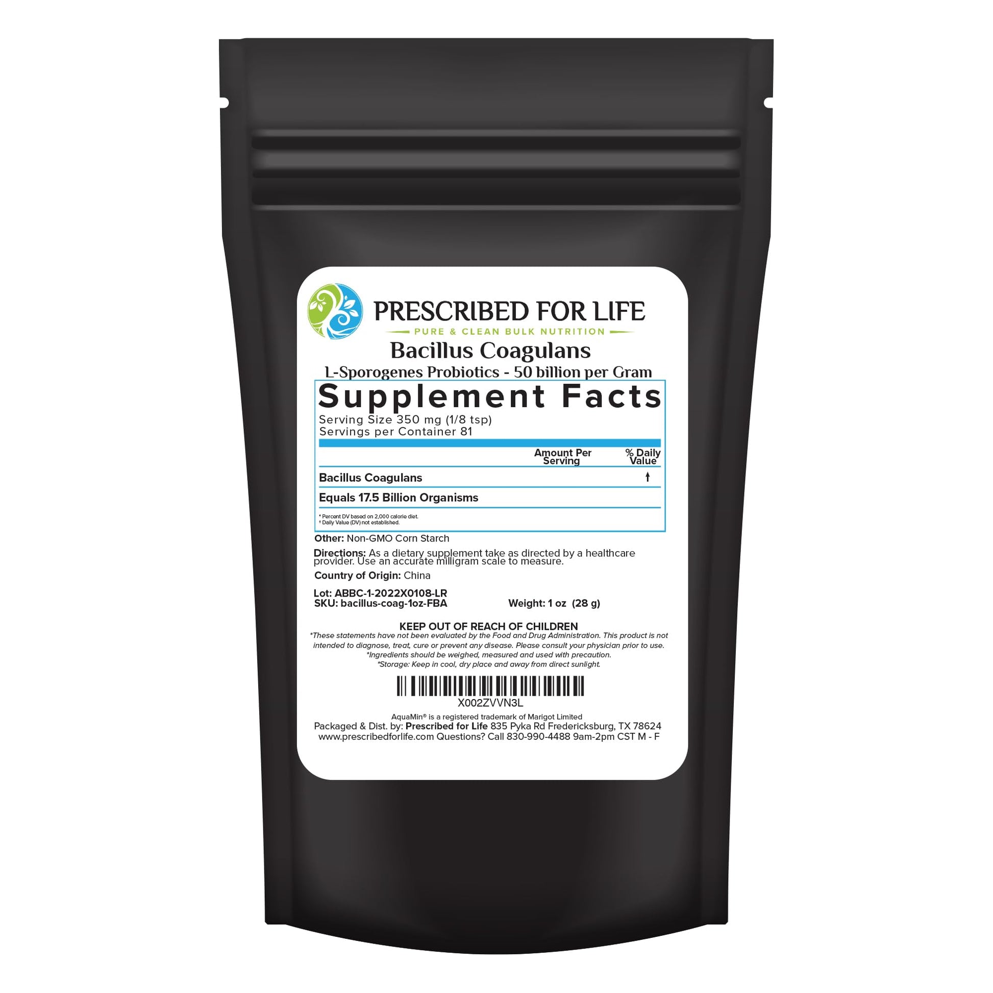 Prescribed For Life Bacillus Coagulans Powder Probiotic with Lactobacillus for Gut Health Support, Temperature and Shelf-Stable Probiotics, L. Sporogenes (50 Billion/Gram), 0.99 oz