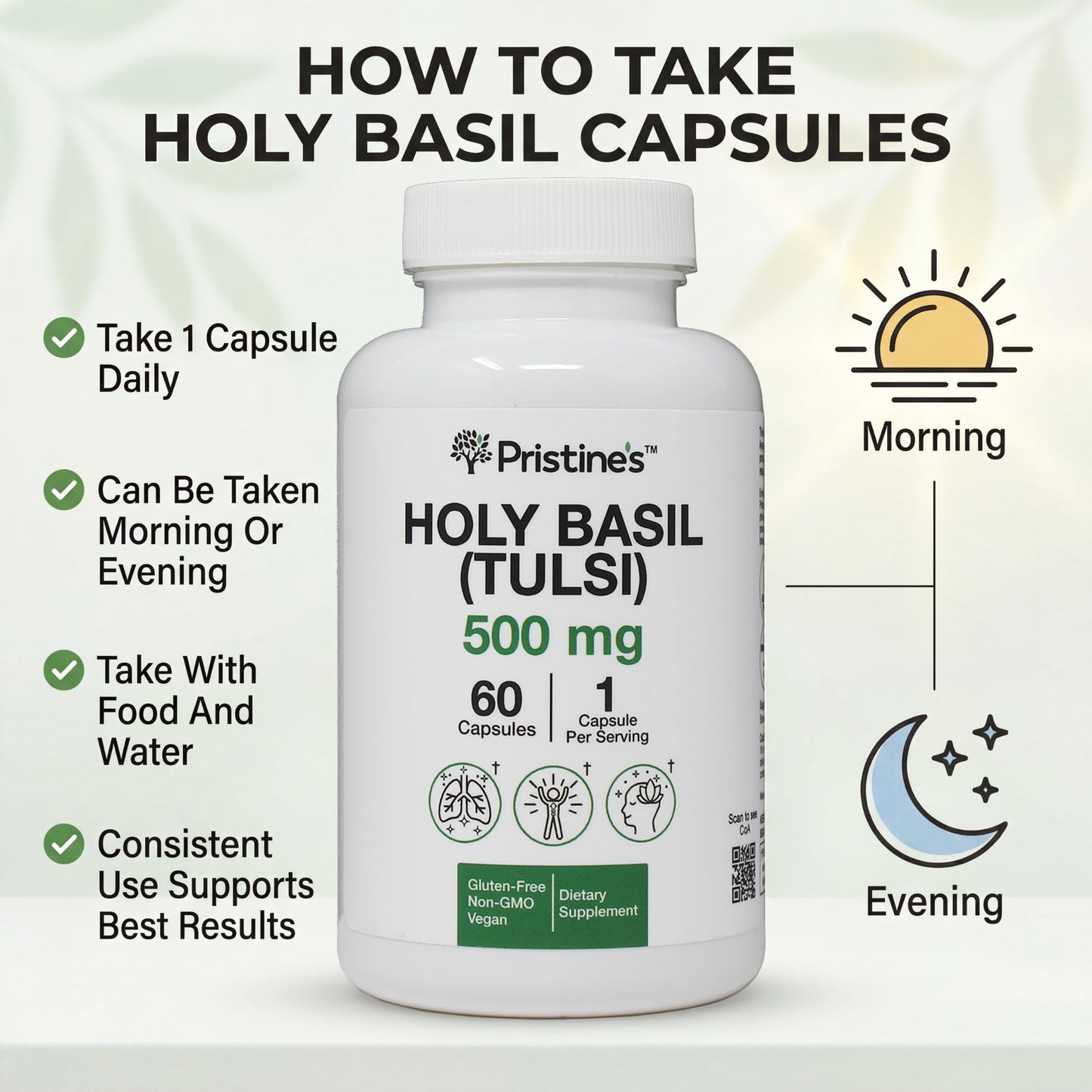 PRISTINE'S Holy Basil 500 mg Capsules - 60 Count
