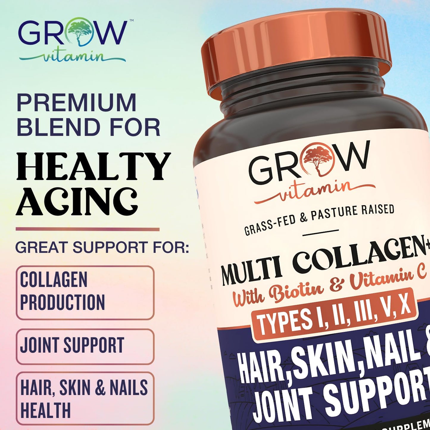 Grow Vitamin Multi Collagen Capsules 1800MG, 90 Capsules