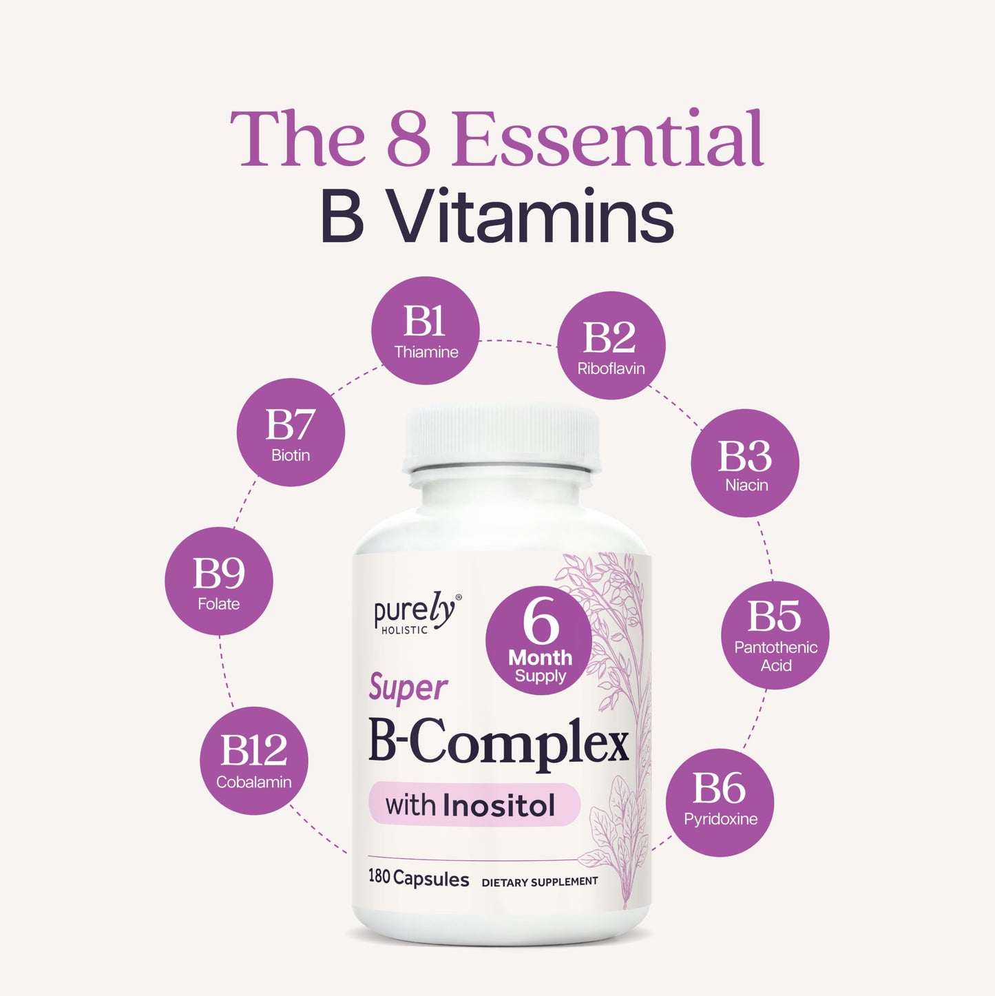 Purely Holistic Vitamin B Complex - 8 Super B Complex Vitamins with Choline & Inositol, B100 Complex, 180 Capsules