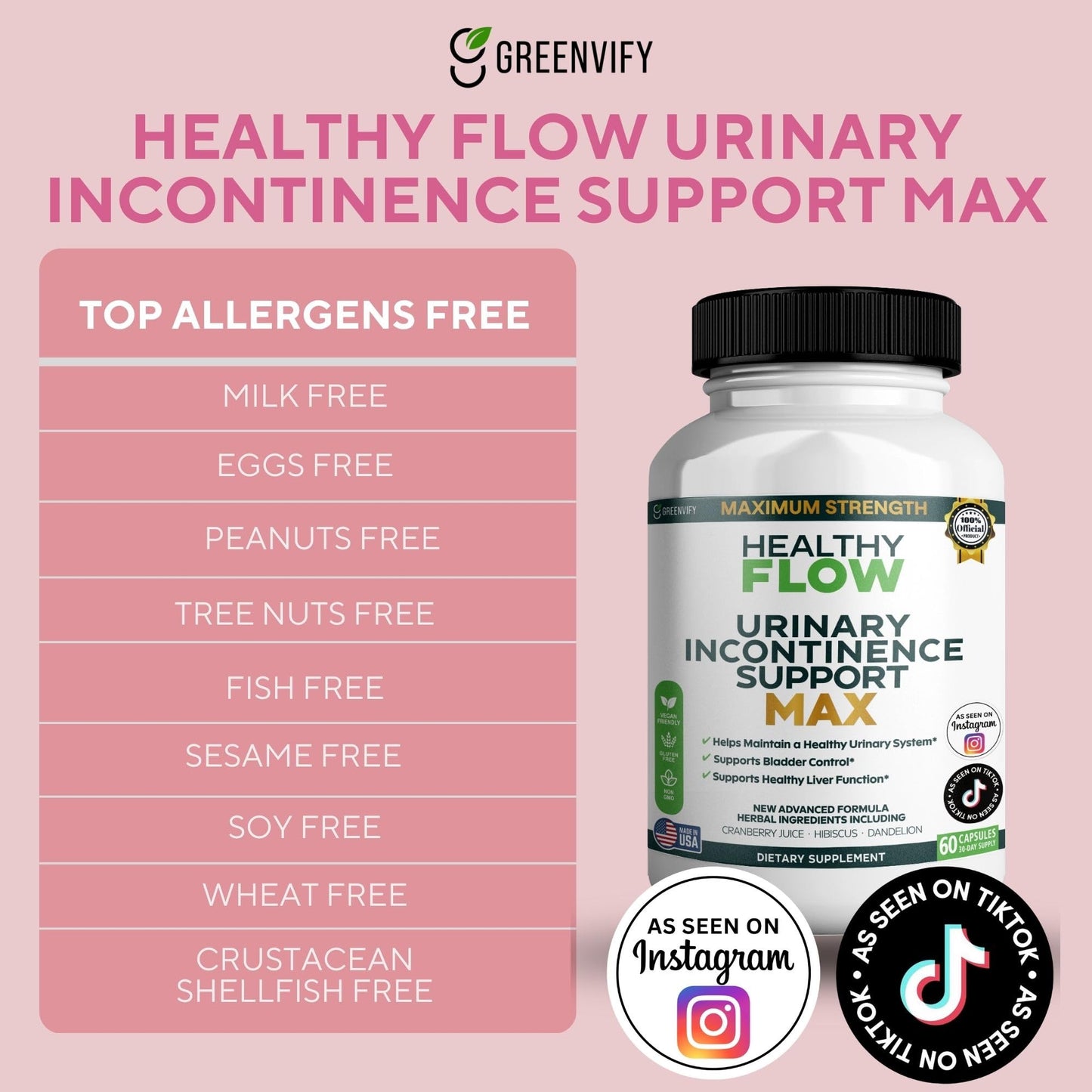 GREENVIFY Healthy Flow Urinary Support Max Feminine Bladder Control, Extra Strength Urinary Formula, 60 Capsules