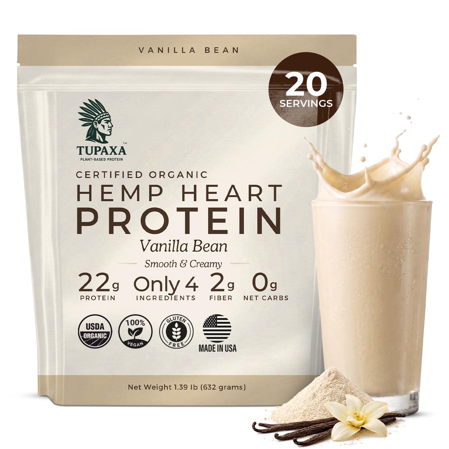 TUPAXA Hemp Protein Powder Vanilla Bean - USDA Organic, Plant-Based, Vegan, Gluten Free, Keto - 22 Servings