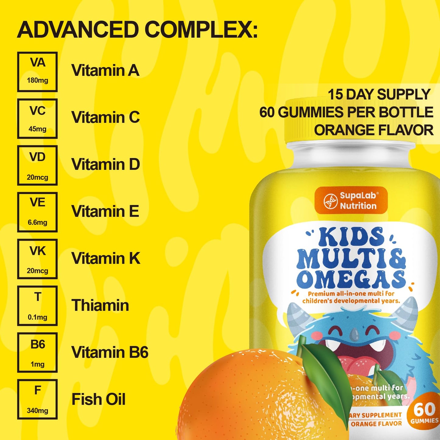 MEGNETA Kids Multivitamin & Omega Gummies with Fish Oil – Omega-3, DHA, Vitamin A, C, D, Orange Flavor, 60 Gummies