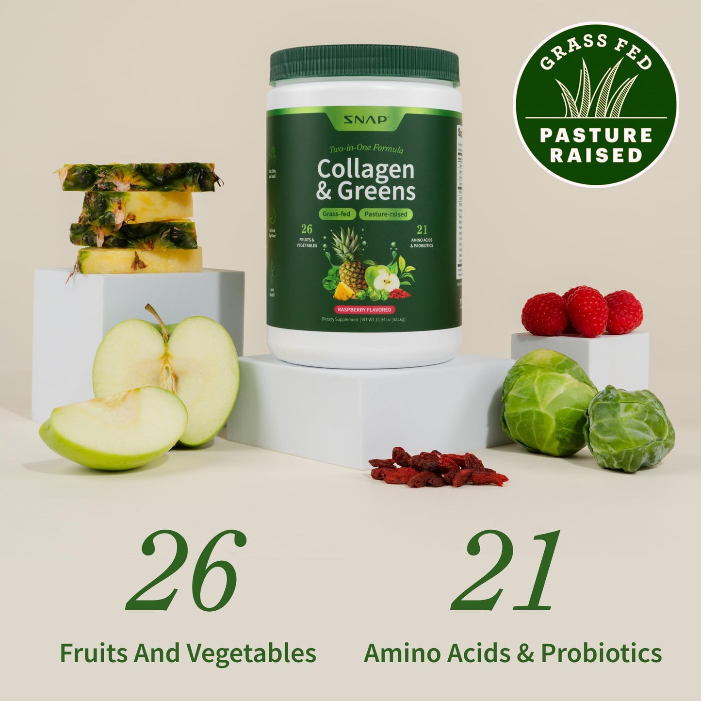 Snap Supplements Super Greens Powder with Collagen Peptides, 11.34 oz
