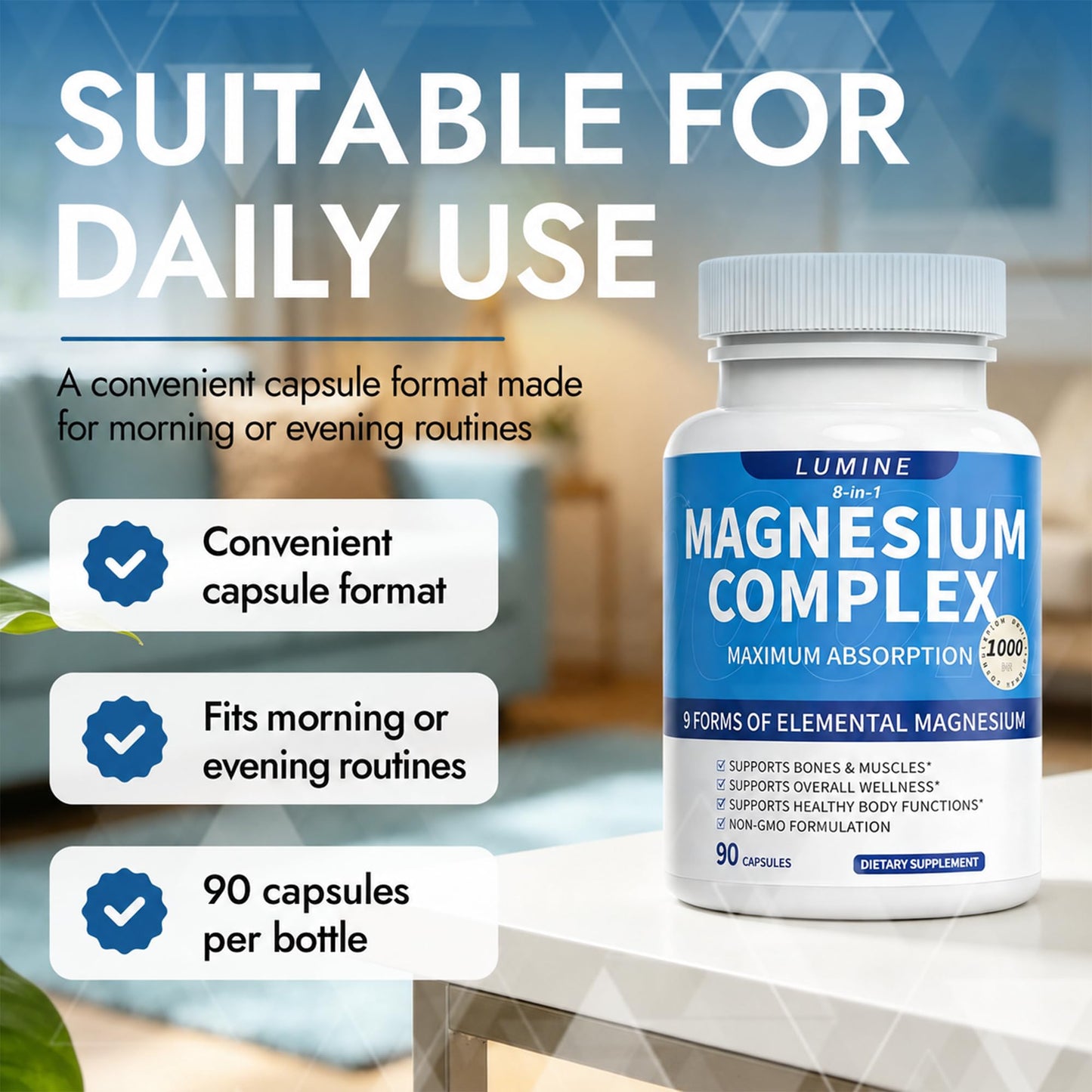 Lumine Magnesium Complex 1000 mg, 8-Form Supplement, 90 Capsules