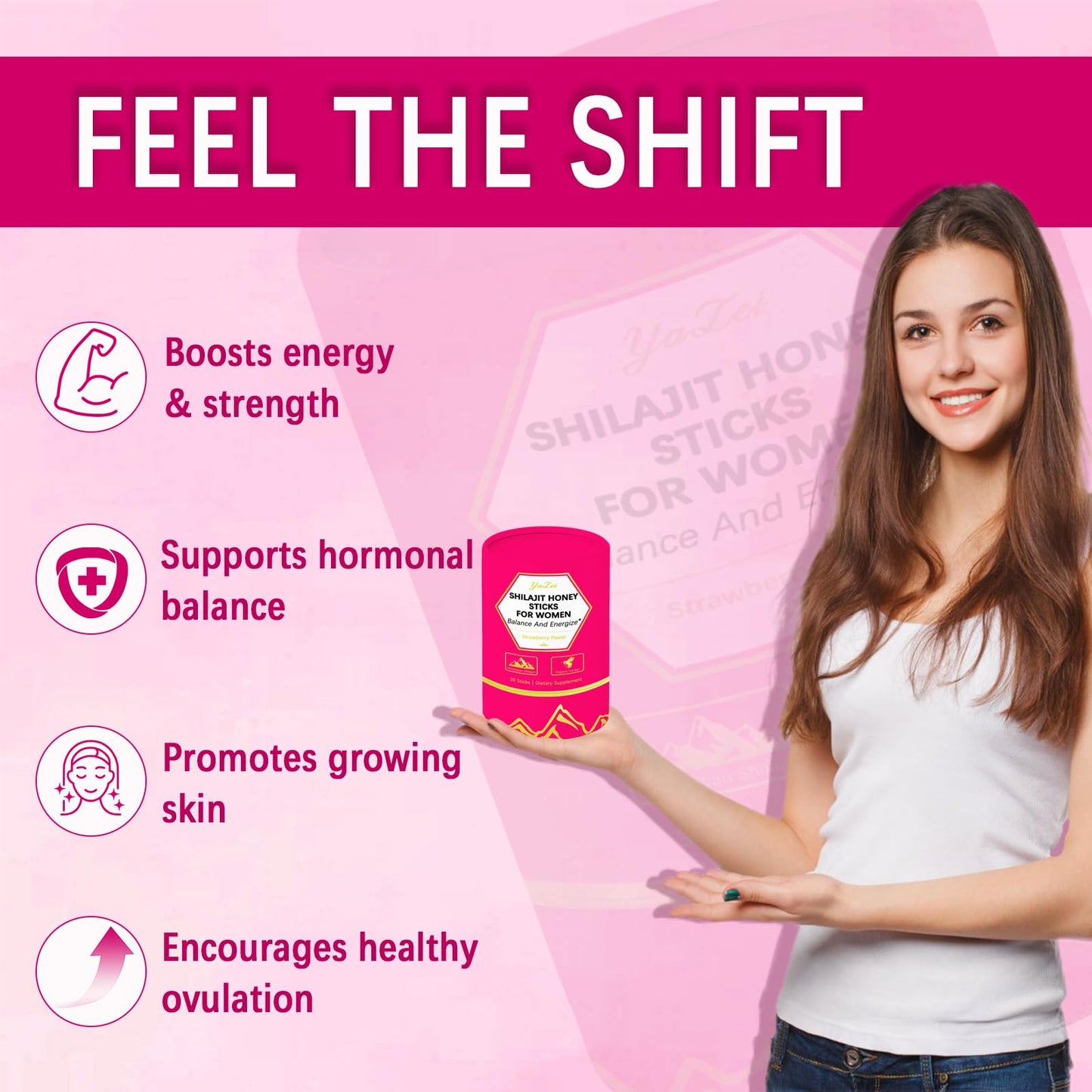 Yalei Strawberry Shilajit Honey Sticks for Women with Saffron & Shatavari Extract & Shilajit Resin Gummy, 30 Gummies