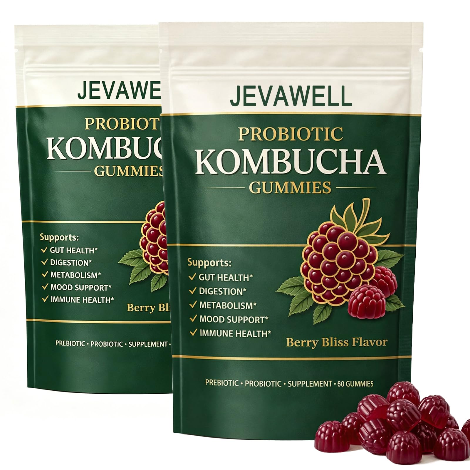 Jevawell Probiotic Kombucha Gummies, 60 Count
