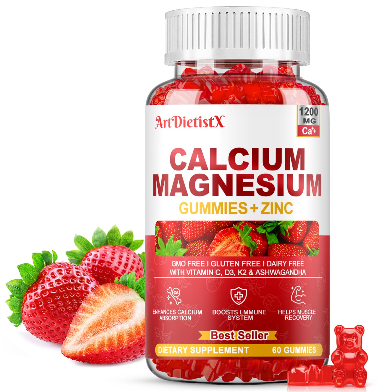 ArtDietistX Calcium Magnesium Zinc Gummies with Vitamin D3, 60 Gummies