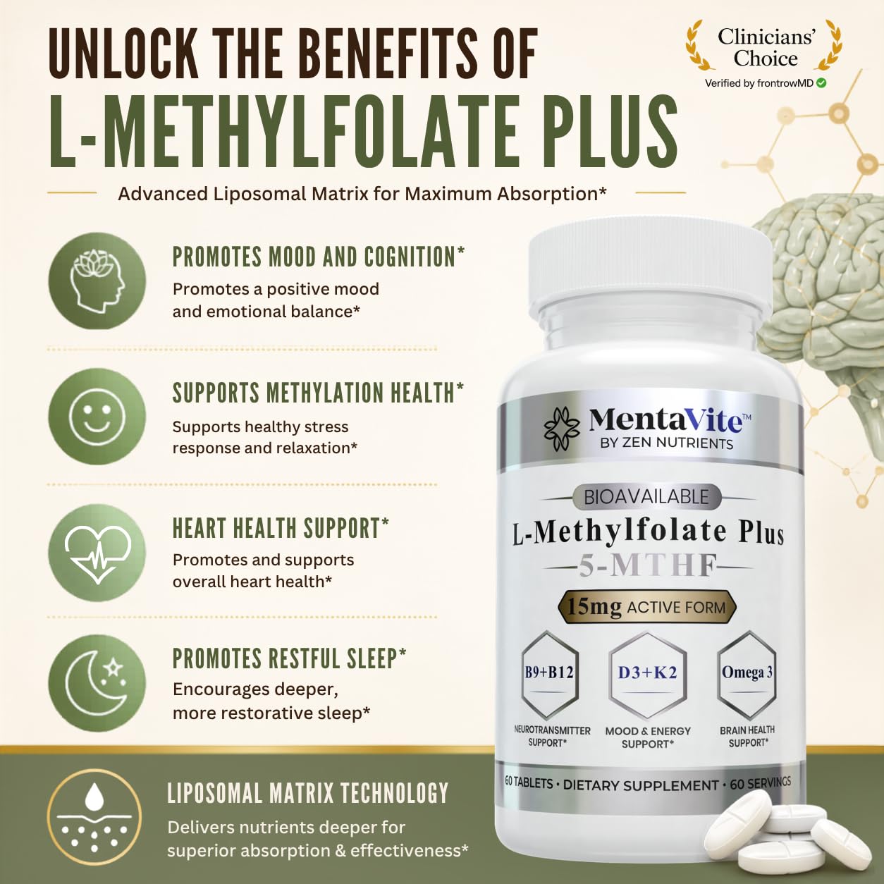 Zen Nutrients L-Methylfolate 15 mg Liposomal Matrix - Active 5-MTHF with Methylcobalamin (B12), B9, Omega 3, D3 + K2 - Methyl Folate Supplement Supports Mood, Methylation, Cognition, Vegan, 60 Tablets