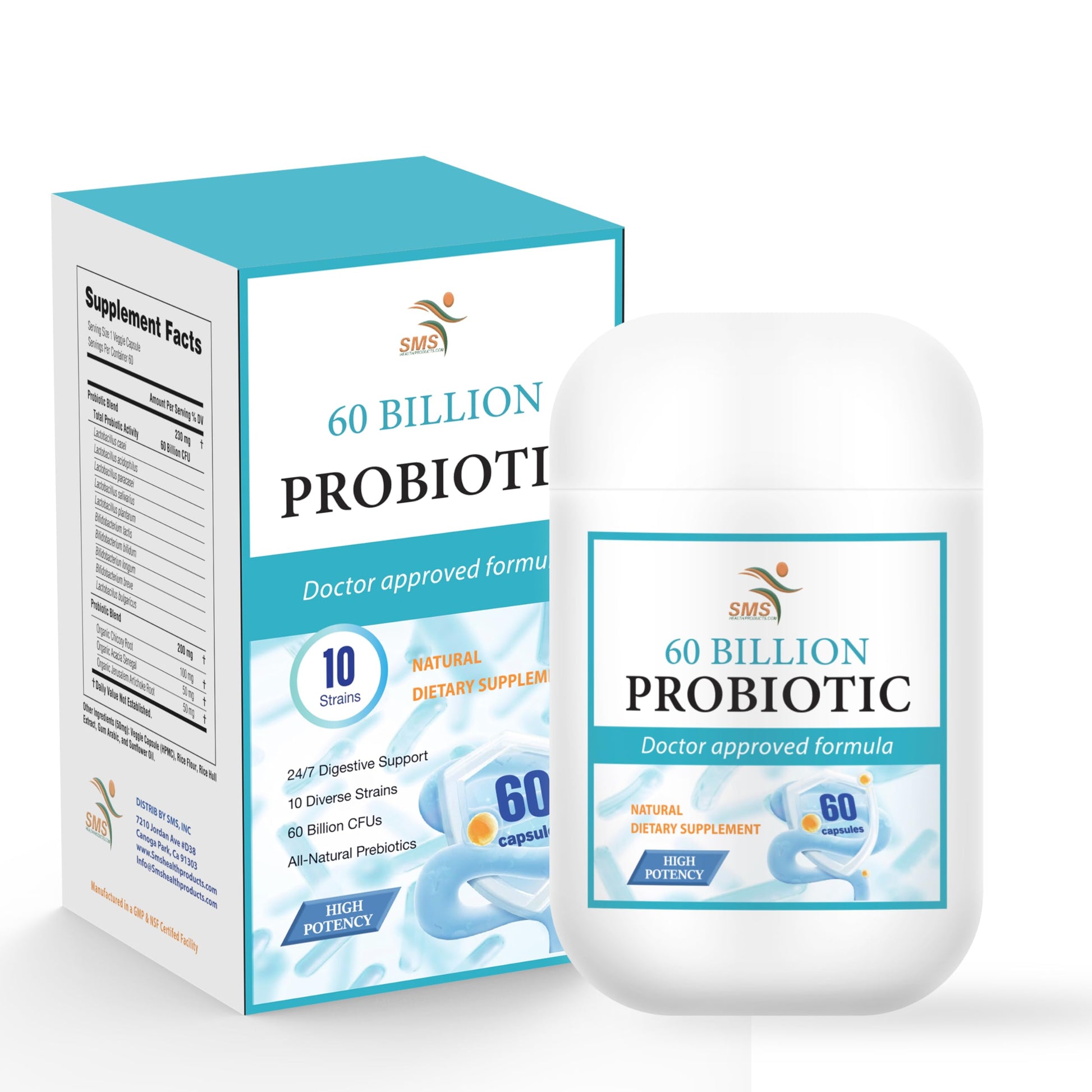 SMSHEALTHPRODUCTS.com Probiotic Supplement 60 Billion CFU, 10 Strains with Organic Prebiotics, Digestive Gut & Immune Support, Women & Men, 60 Capsules