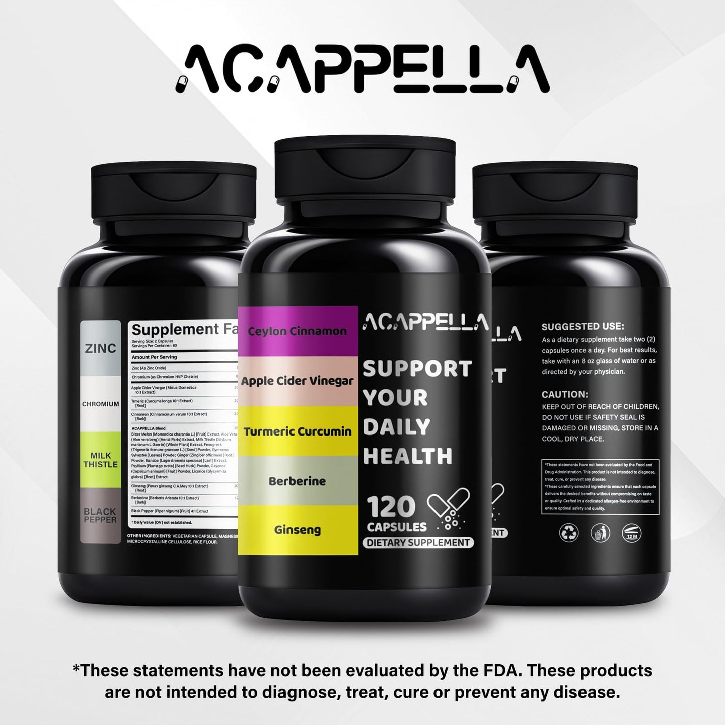ACAPPELLA Berberine Turmeric Supplement & Apple Cider Vinegar Turmeric Cinnamon Bitter Melon Milk Thistle Fenugreek Complex 120 Capsules