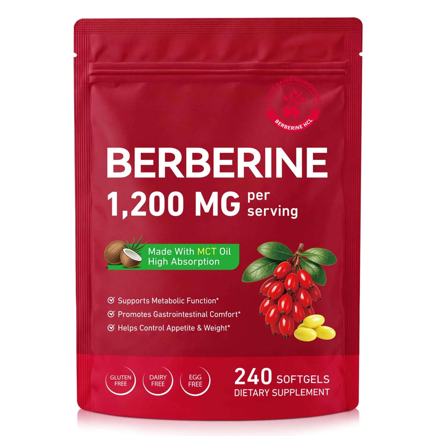 JYVGNLXS Berberine 1200mg with MCT Oil Supplement Capsules, 240