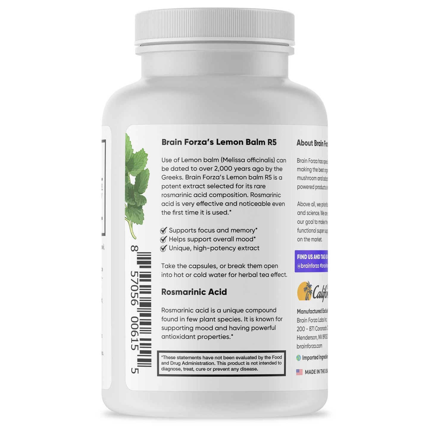 Brain Forza Lemon Balm R5 Extract Capsules - Standardized Extract 5% Rosmarinic Acid, 90 Capsules