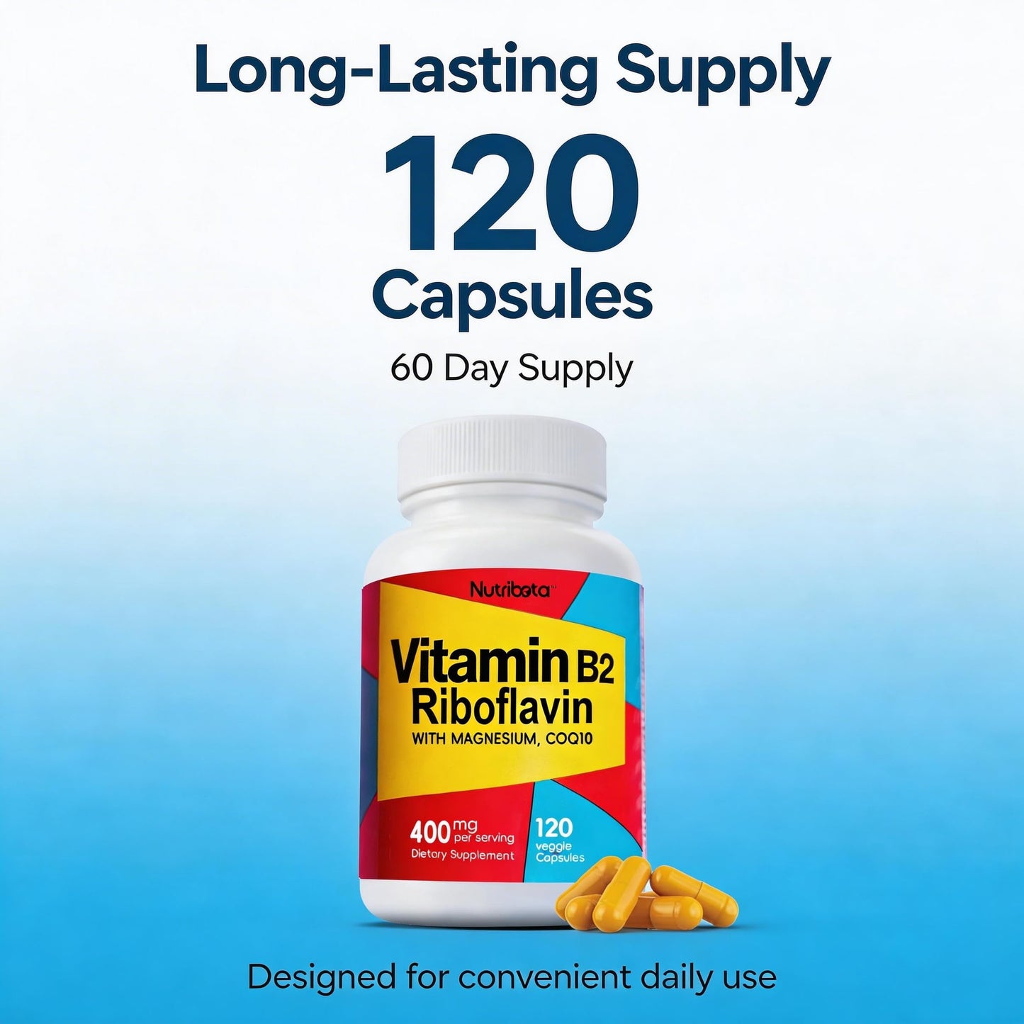 Nutribota Vitamin B2 Riboflavin 400mg with Magnesium & CoQ10 Veggie Capsules, 120 Count