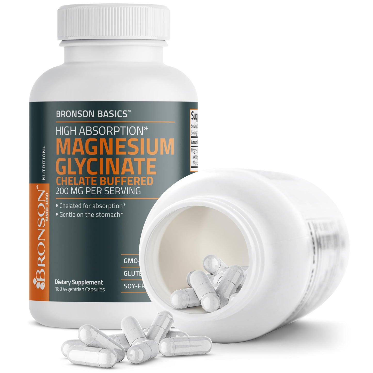 Bronson Magnesium Glycinate 200mg High Absorption Chelated Buffered Gentle On The Stomach Non-GMO, 180 Vegetarian Capsules
