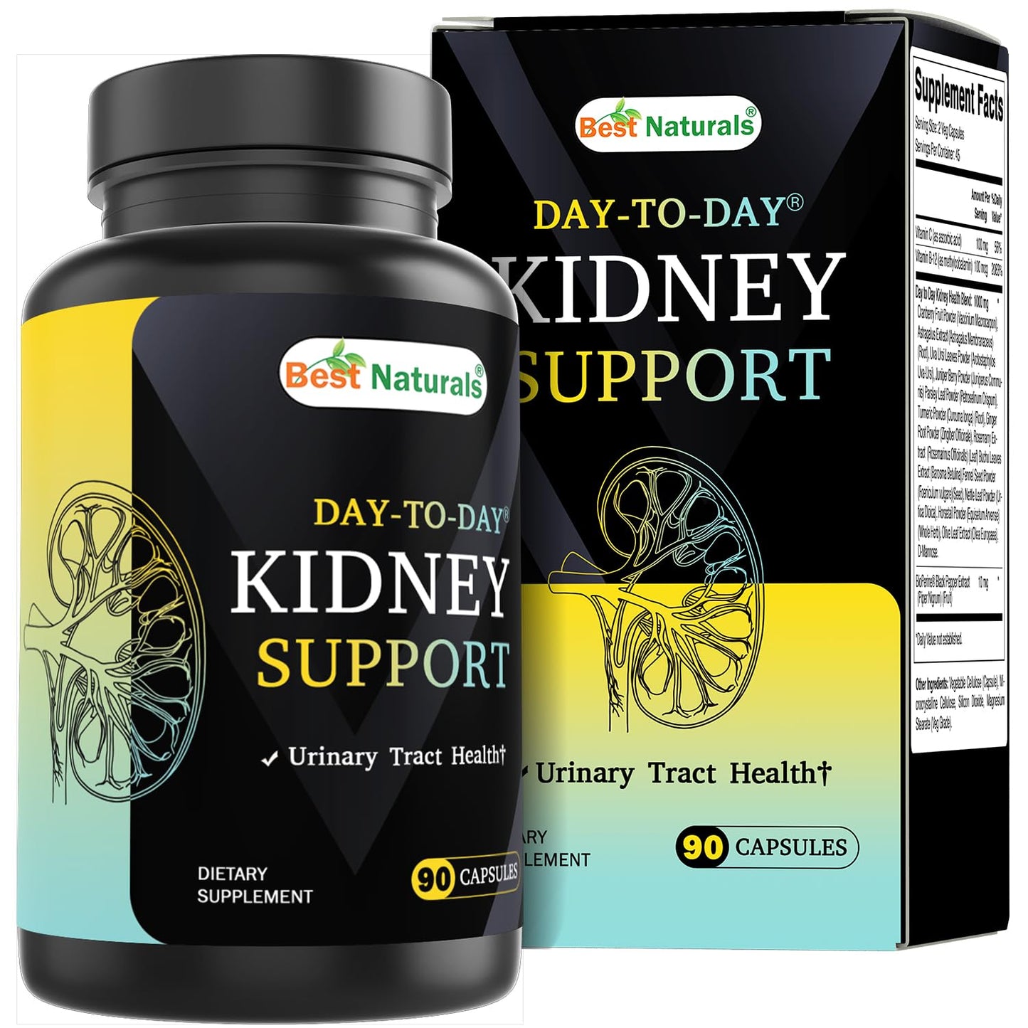 Best Naturals Day-to-Day Kidney Support with Cranberry Fruit, Vitamin C, B12, D-Mannose, Uva Ursi, Juniper Berry, Parsley Leaf Capsules 90 Count