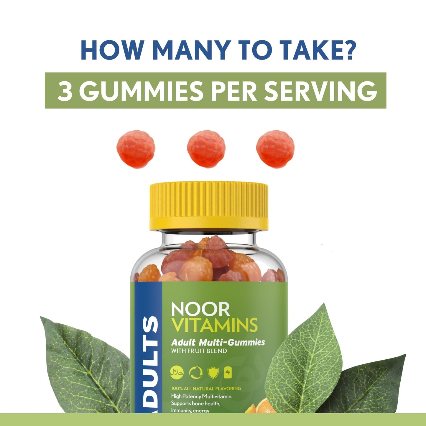 Noor Vitamins Halal Adult Multivitamin Gummy with Organic Fruit Blend for Men and Women 90 Count
