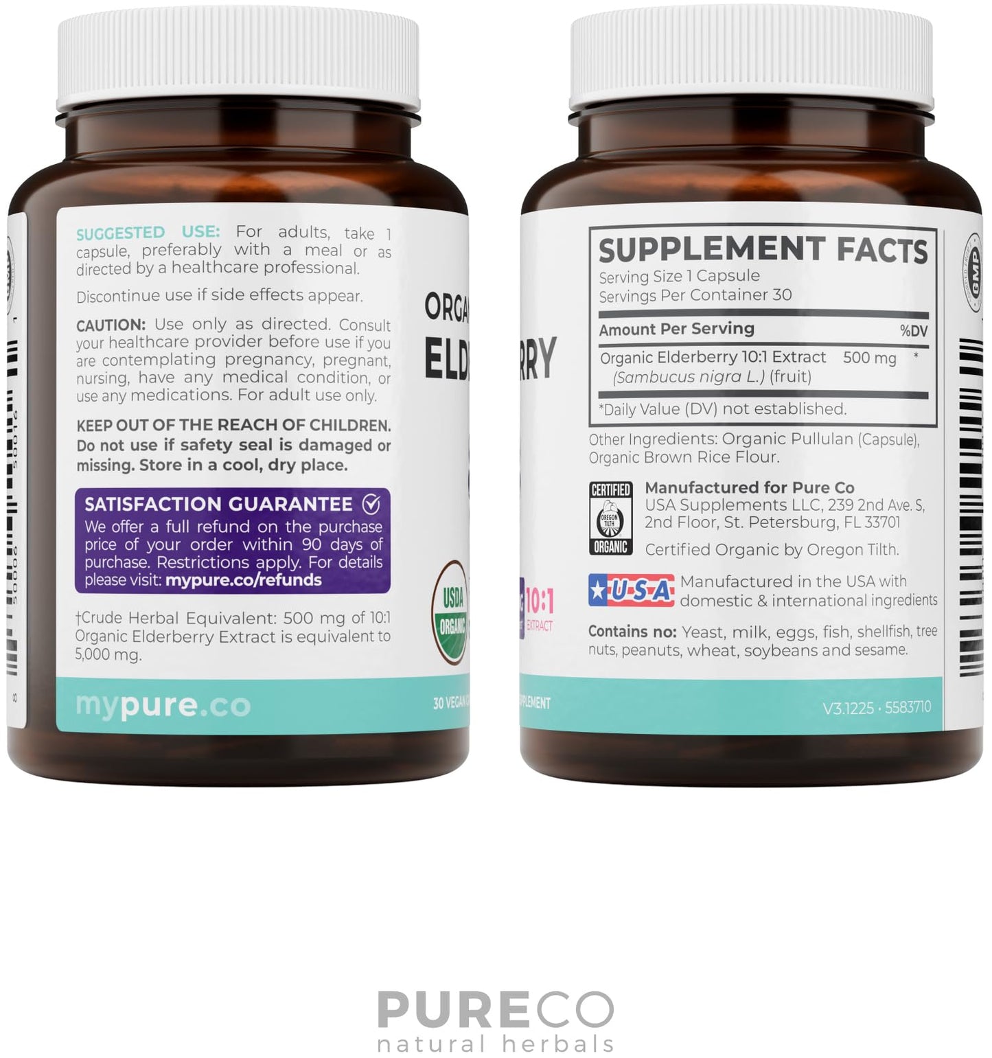PURE CO Organic Elderberry 10:1 Extract 500mg per Capsule, Vegan Black Elderberry Supplement for Immune Support, Sambucus Nigra, 30 Capsules