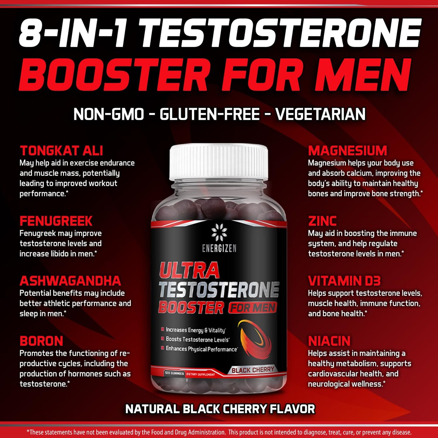 Energizen 8in1 Testosterone Booster for Men with Tongkat Ali, Fenugreek, Ashwagandha and Magnesium - Improve Libido & Hormonal Balance, Non-GMO Made in the USA, Black Cherry, 120 Count Gummies