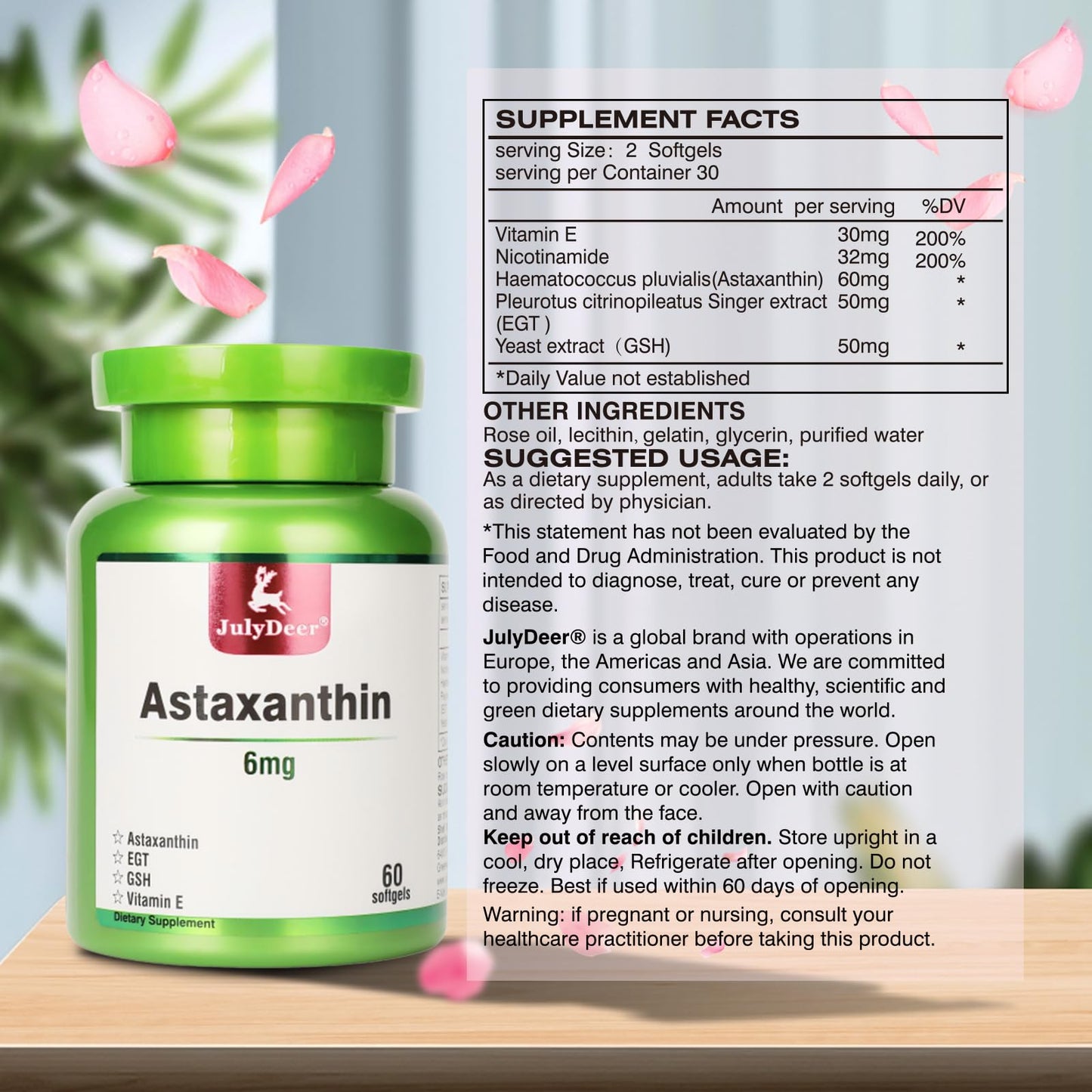 JulyDeer Astaxanthin 6 mg Per Serving Softgels, 60 Softgels